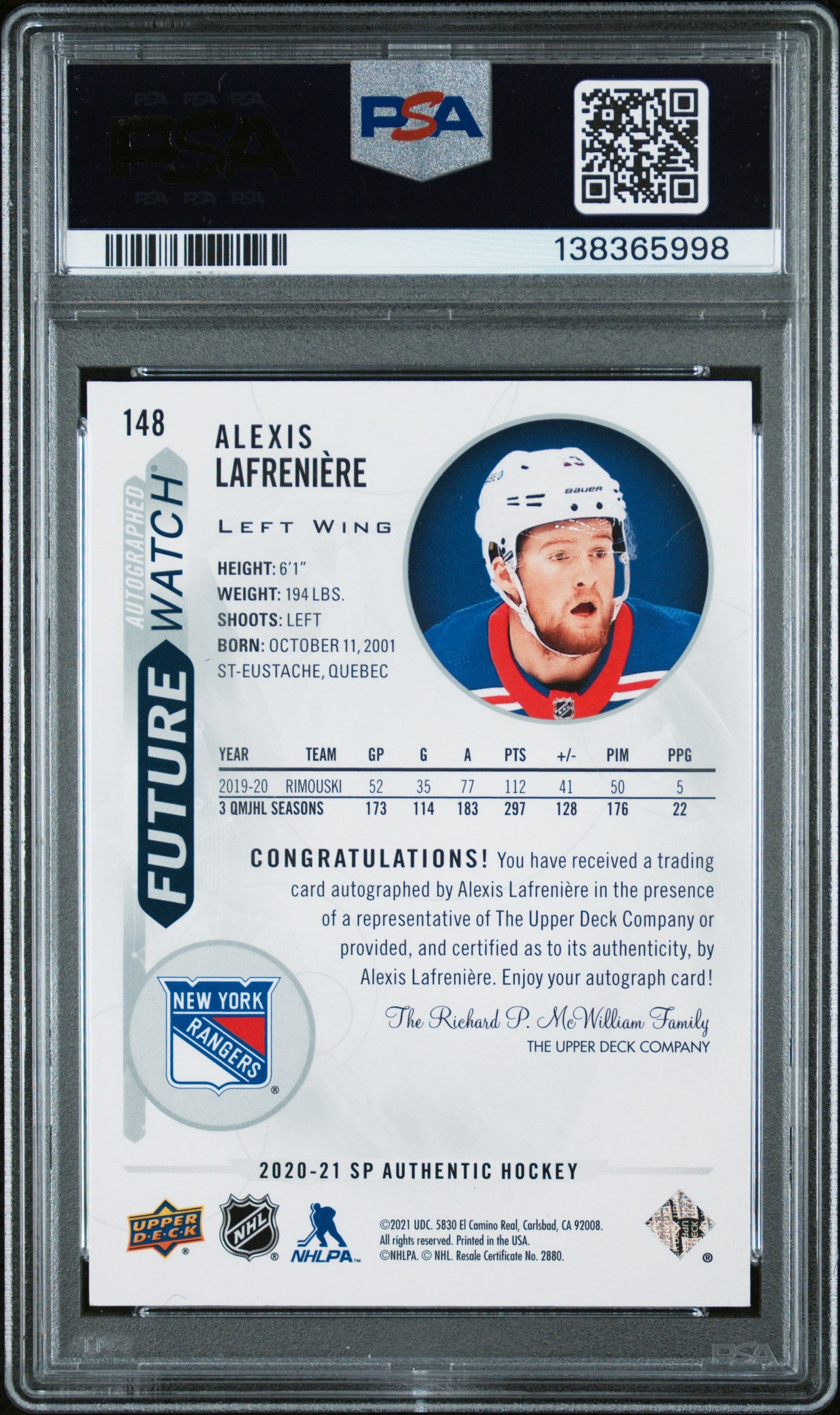 Alexis Lafreniere 2020 Upper Deck SP Authentic Rookie Auto #608/999 PSA 8 Auto 10