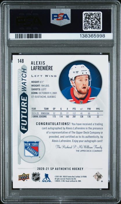 Alexis Lafreniere 2020 Upper Deck SP Authentic Rookie Auto #608/999 PSA 8 Auto 10