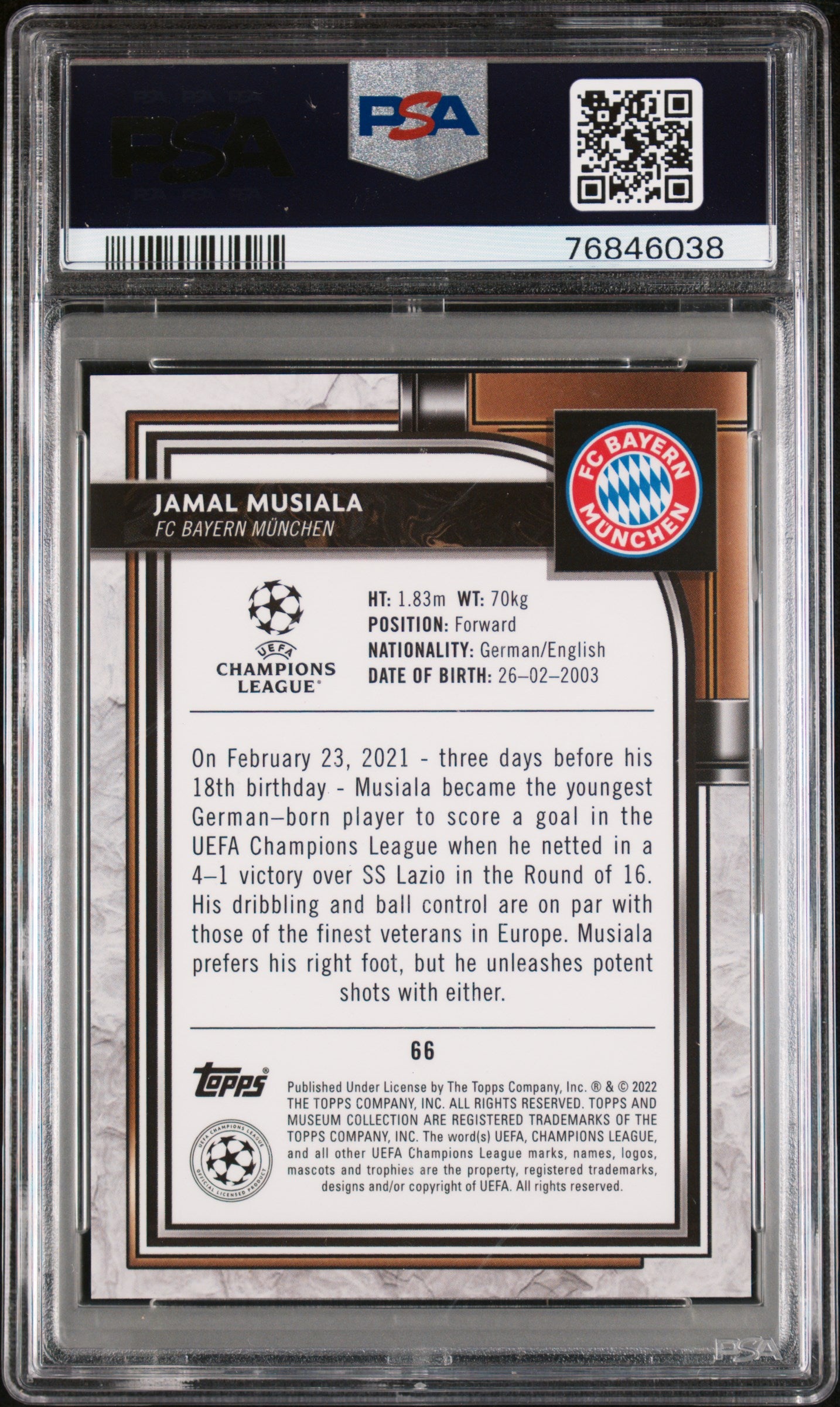 Jamal Musiala 2021 Museum Collection Champions League Ruby #22/25 PSA 10 Gem Mint