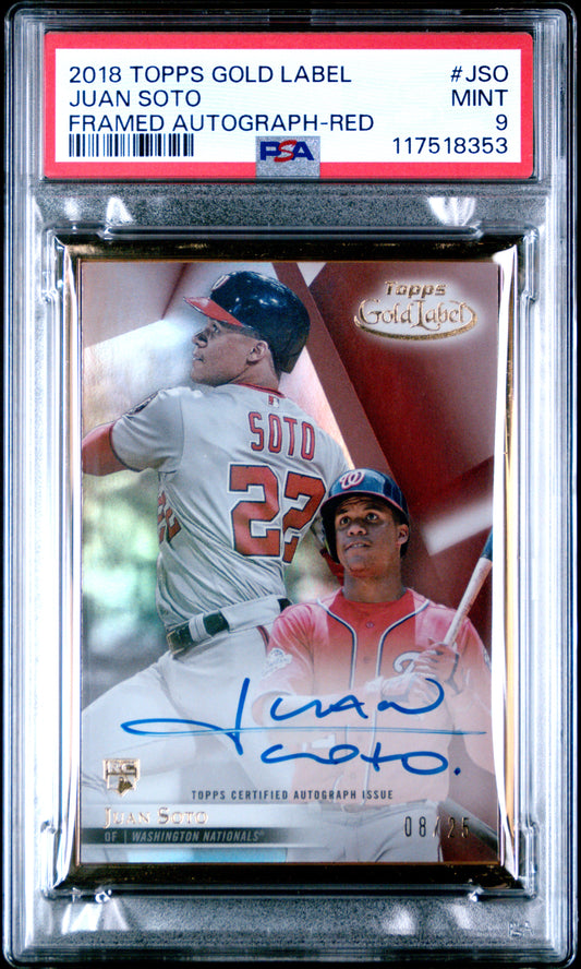 Juan Soto 2018 Topps Gold Label Red Framed Rookie Auto #8/25 PSA 9 Mint