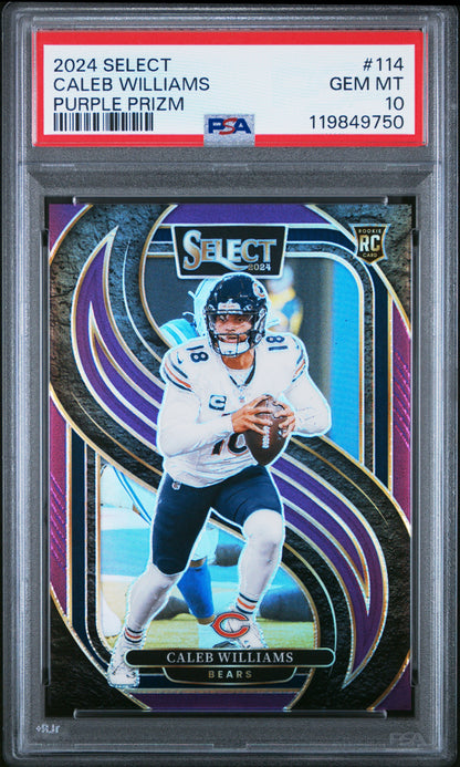 Caleb Williams 2024 Panini Select Rookie #114 Purple Prizm #1/75 PSA 10 Gem Mint