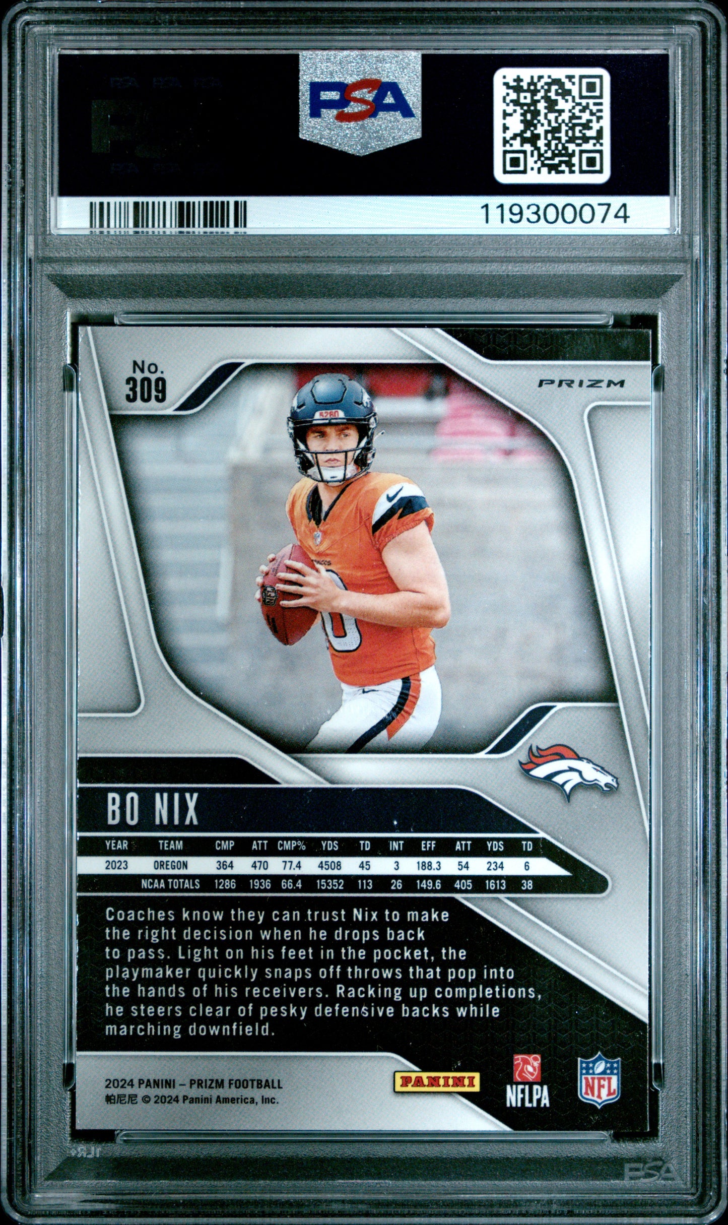 Bo Nix 2024 Panini Prizm Rookie #309 Orange Ice PSA 9 Mint