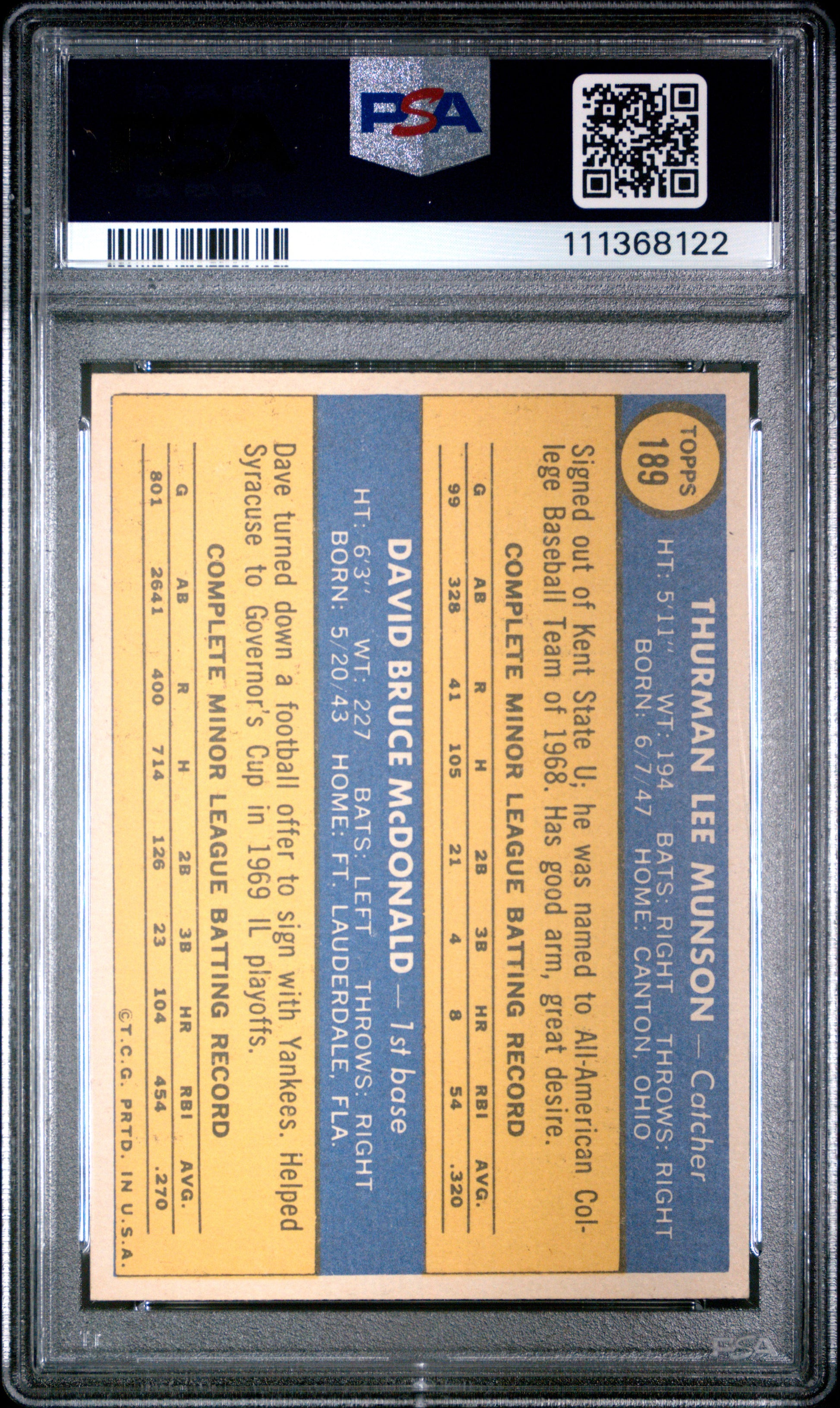 Thurman Munson 1970 Topps Rookie #189 PSA 6 Ex-Mt