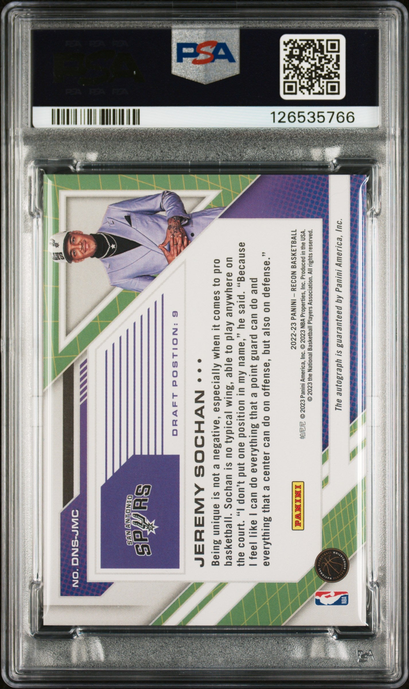 Jeremy Sochan 2022 Panini Recon Draft Night Gold Auto #1/10 PSA 8 Auto 10