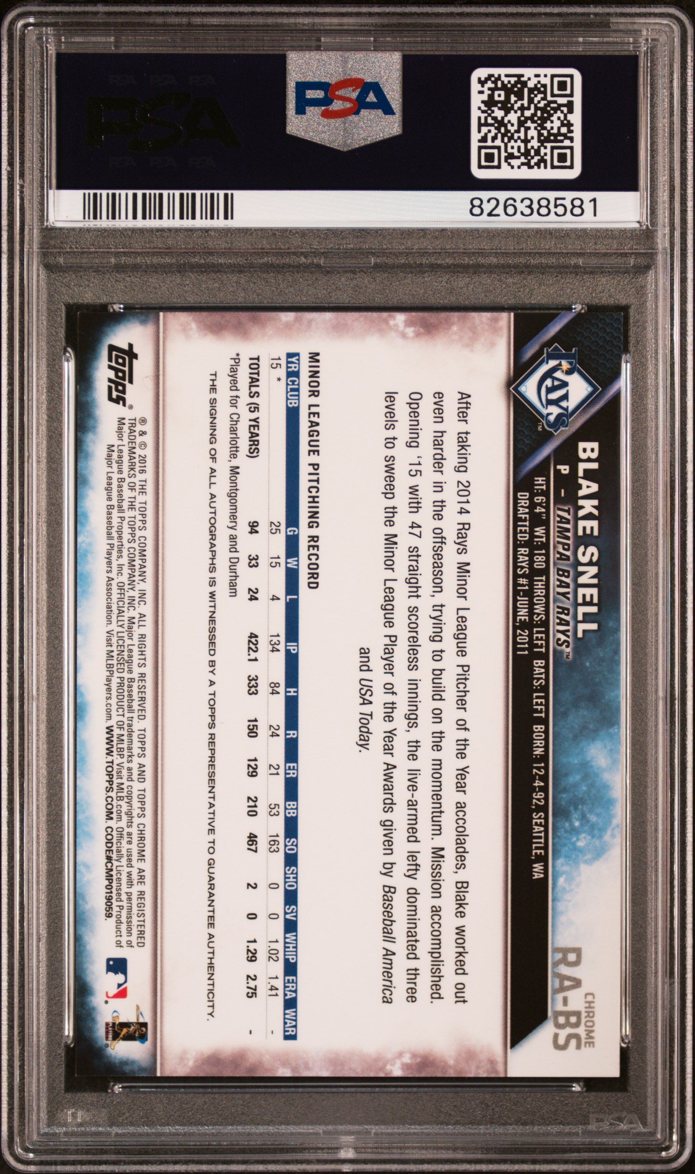Blake Snell 2016 Topps Chrome Rookie Autograph PSA 10 Gem Mint