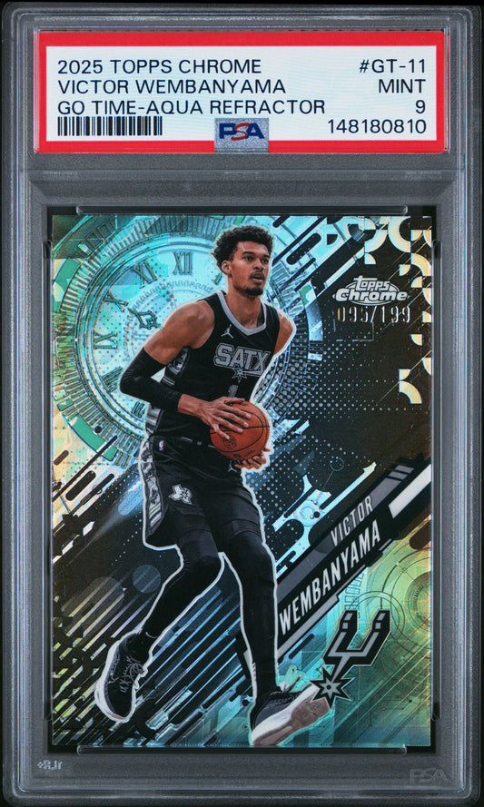 Victor Wembanyama 2025 Topps Chrome Go Time Aqua Refractor #95/199 PSA 9 Mint