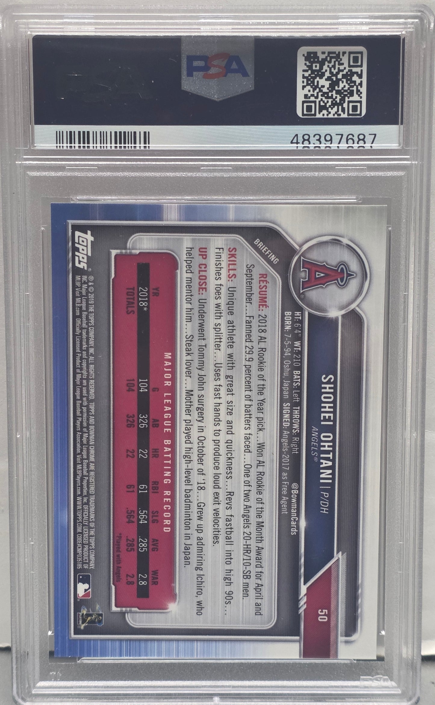 Shohei Ohtani 2019 Bowman Chrome #50 Orange Refractor #14/25 PSA 10 Gem Mint