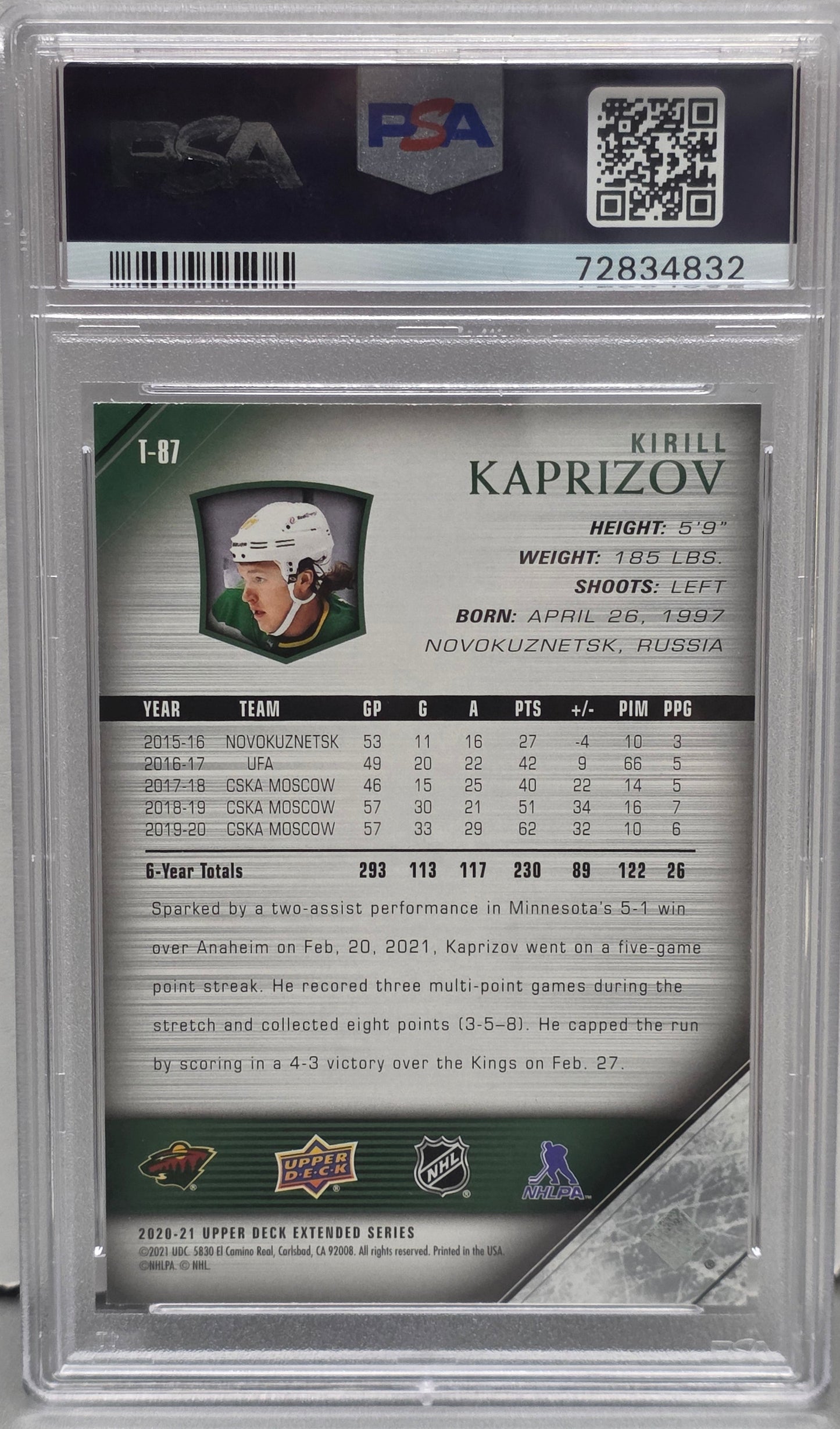 Kirill Kaprizov 2020 Upper Deck Young Guns Tribute PSA 10 Gem Mint 4832
