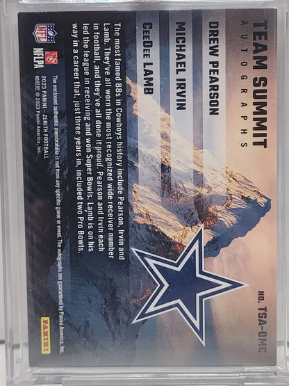Drew Pearson + Michael Irvin + CeeDee Lamb 2023 Panini Zenith Triple Patch Auto #13/25