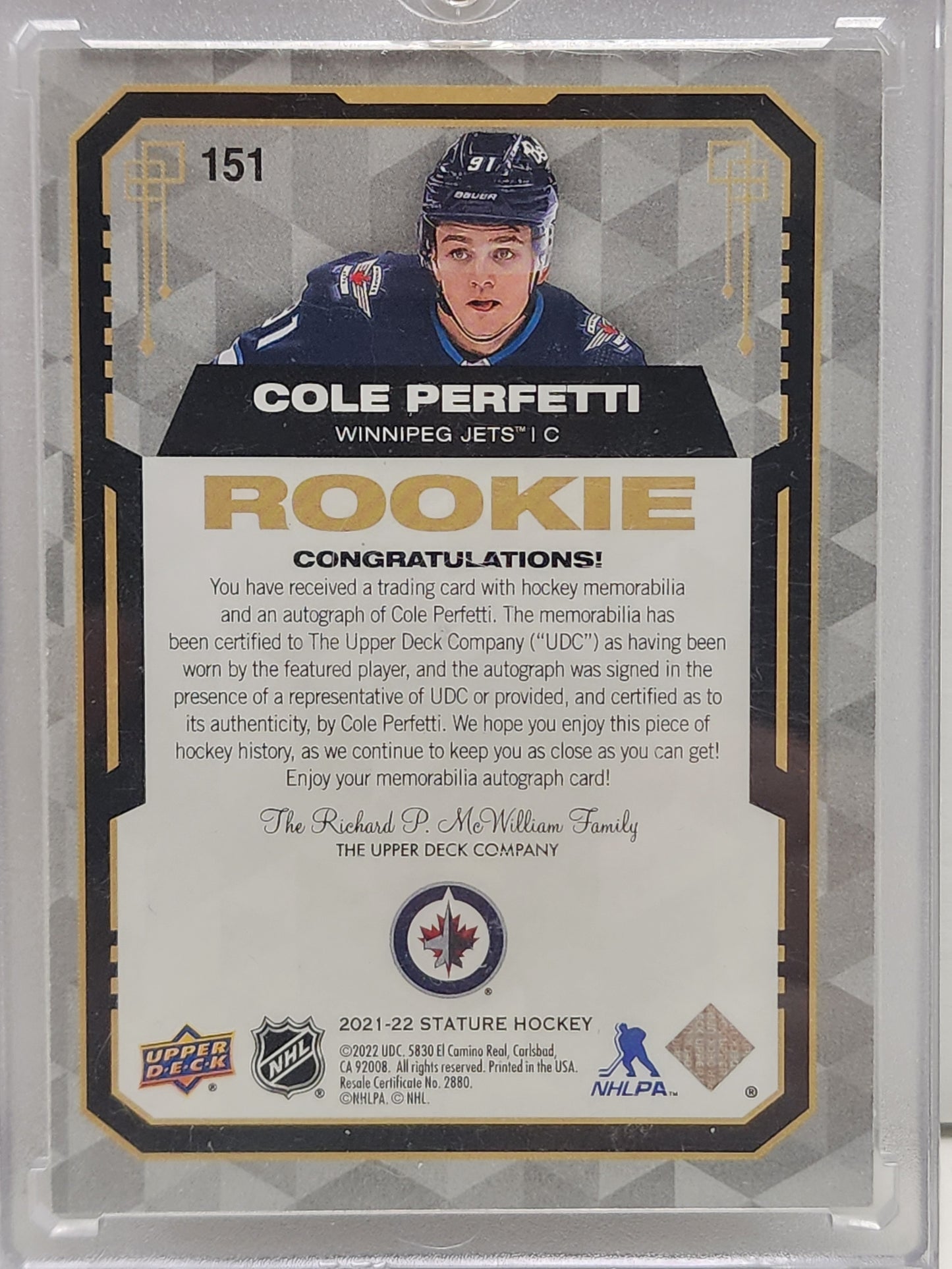 Cole Perfetti 2021 Upper Deck Stature Rookie Patch Auto #5/15