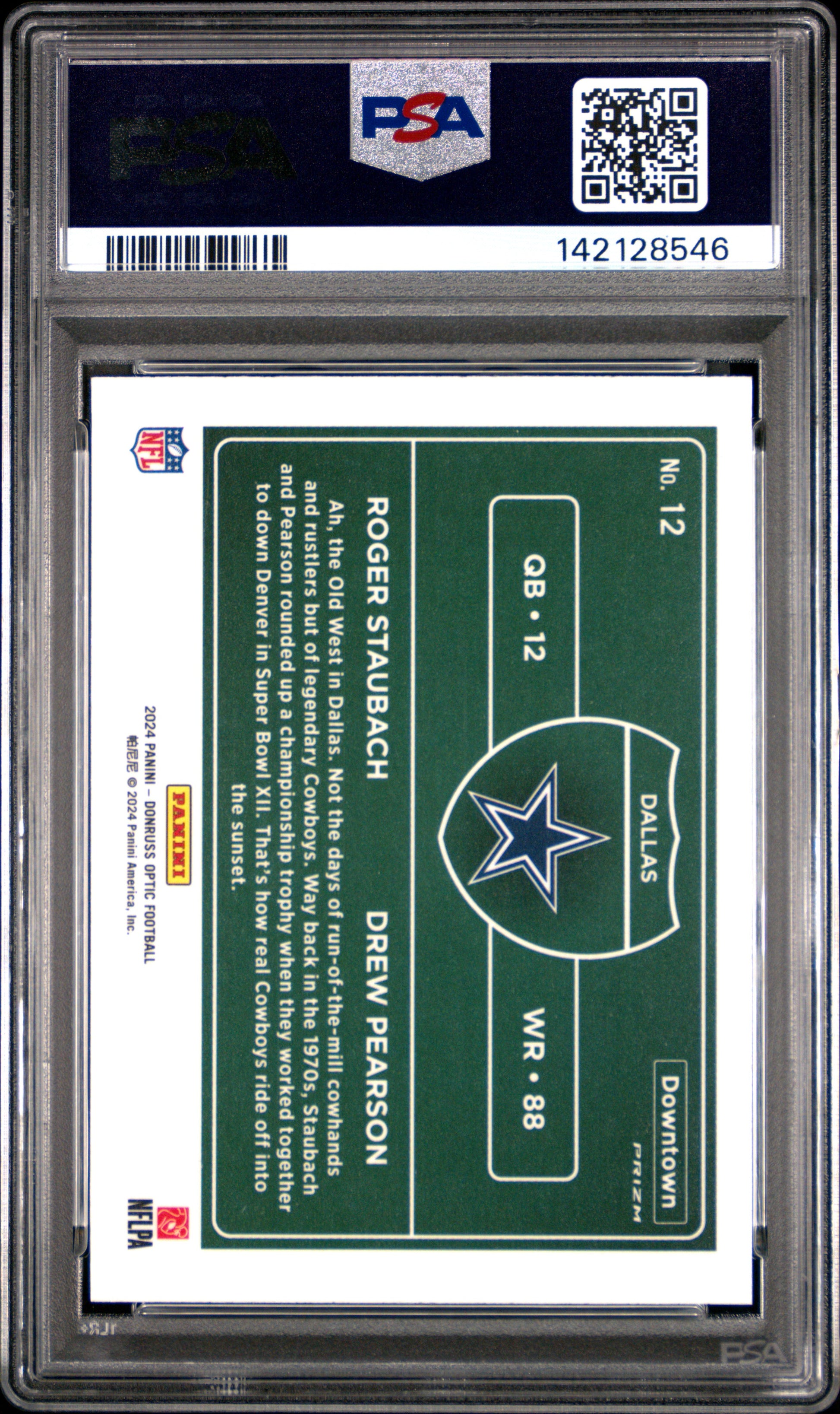 Roger Staubach + Drew Pearson 2024 Donruss Optic Downtown Duos PSA 10 Gem Mint