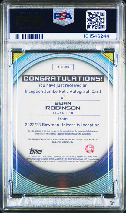 Bijan Robinson 2022 Bowman U Inception Jumbo Jersey Auto #80/199 PSA 10 Gem Mint