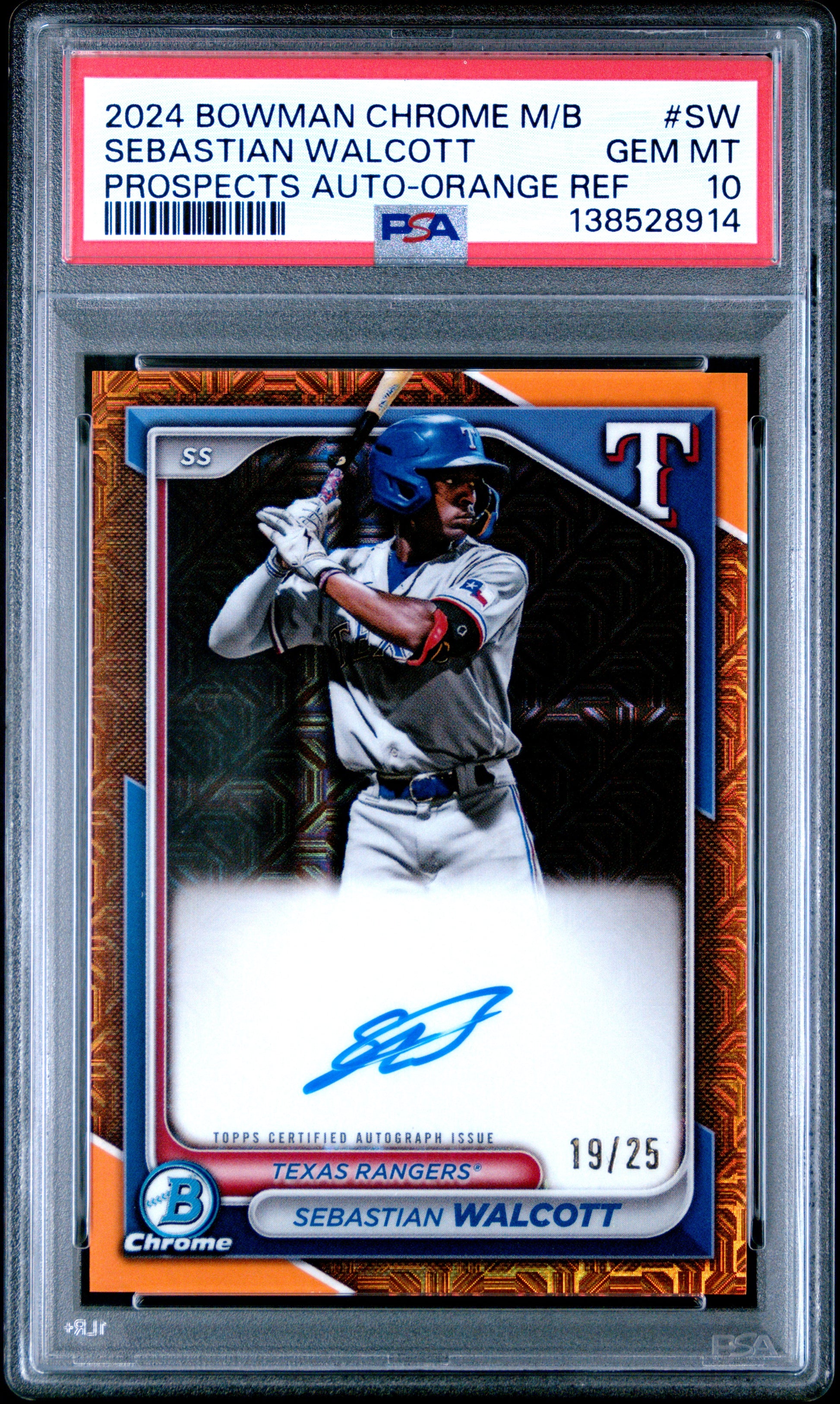Sebastian Walcott 2024 Bowman Chrome MegaBox Orange Refractor Auto #19/25 PSA 10 Gem Mint