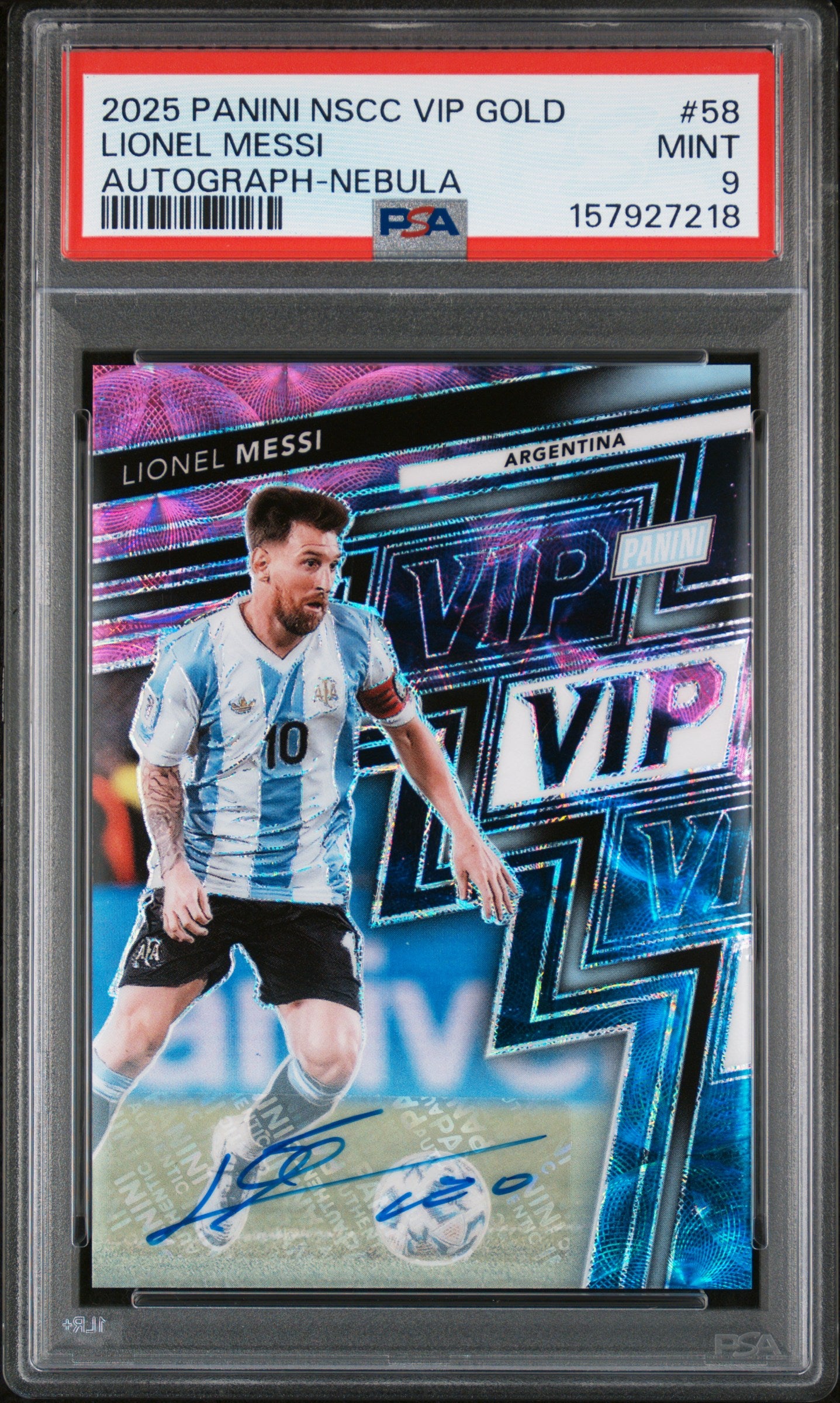 Lionel Messi 2025 Panini National VIP Gold Nebula Auto #2/10 PSA 9 Mint