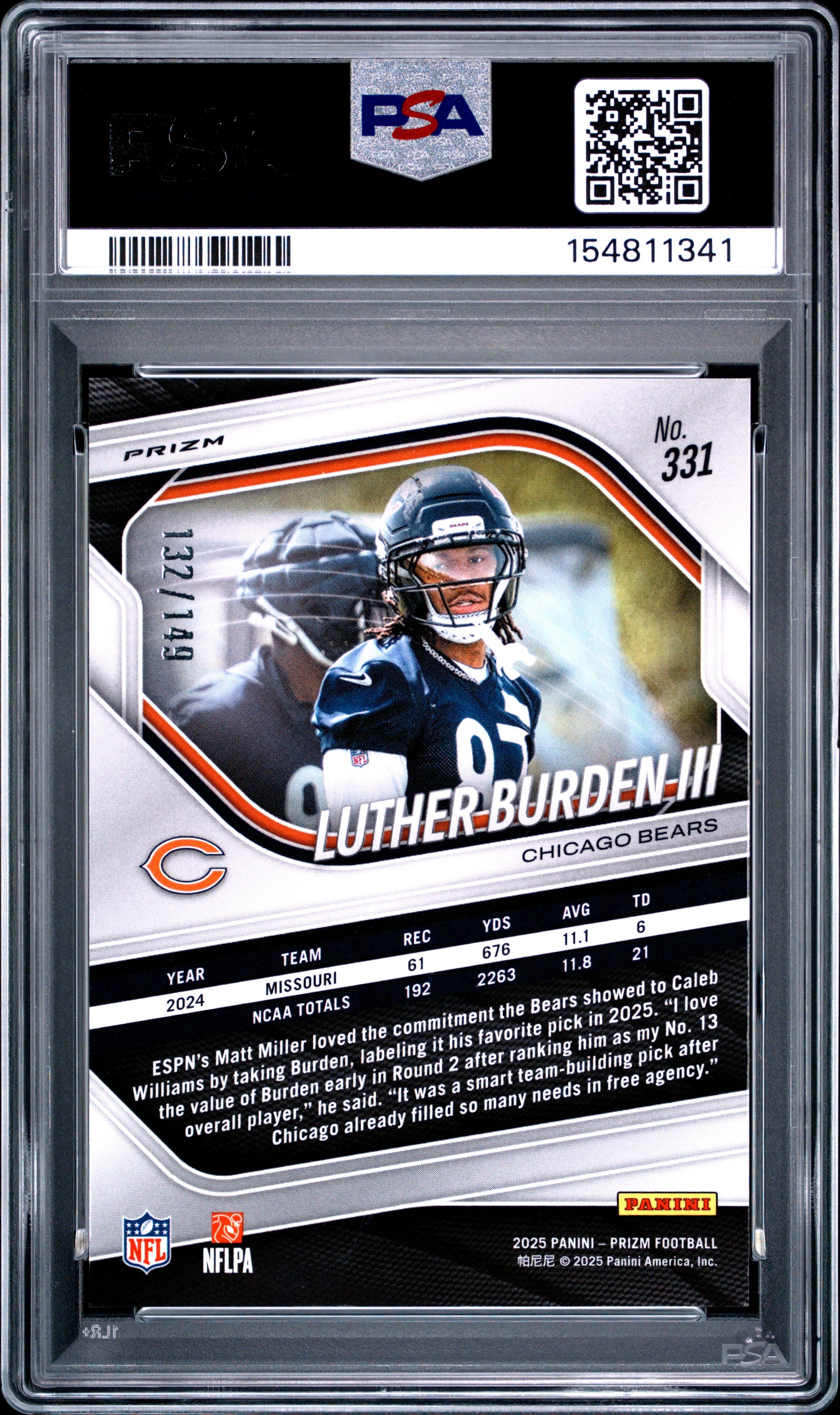 Luther Burden III 2025 Panini Prizm Rookie #331 Red Wave #132/149 PSA 10 Gem Mint