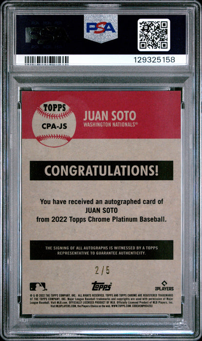 Juan Soto 2022 Topps Platinum Anniversary Red Refractor Auto #2/5 PSA 9 Mint