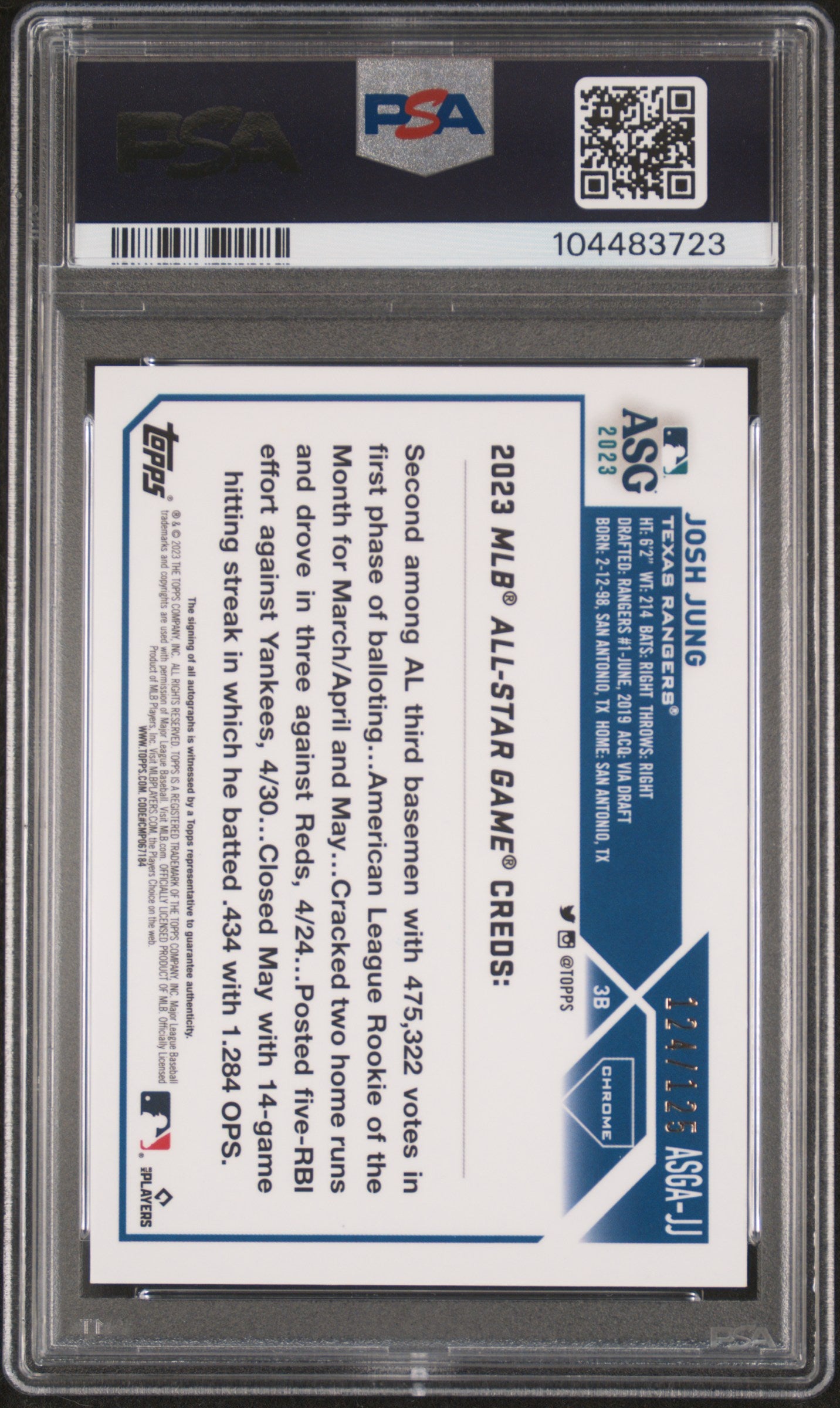 Josh Jung 2023 Topps Chrome All-Star X-Fractor Auto #124/125 PSA 10 Auto 10