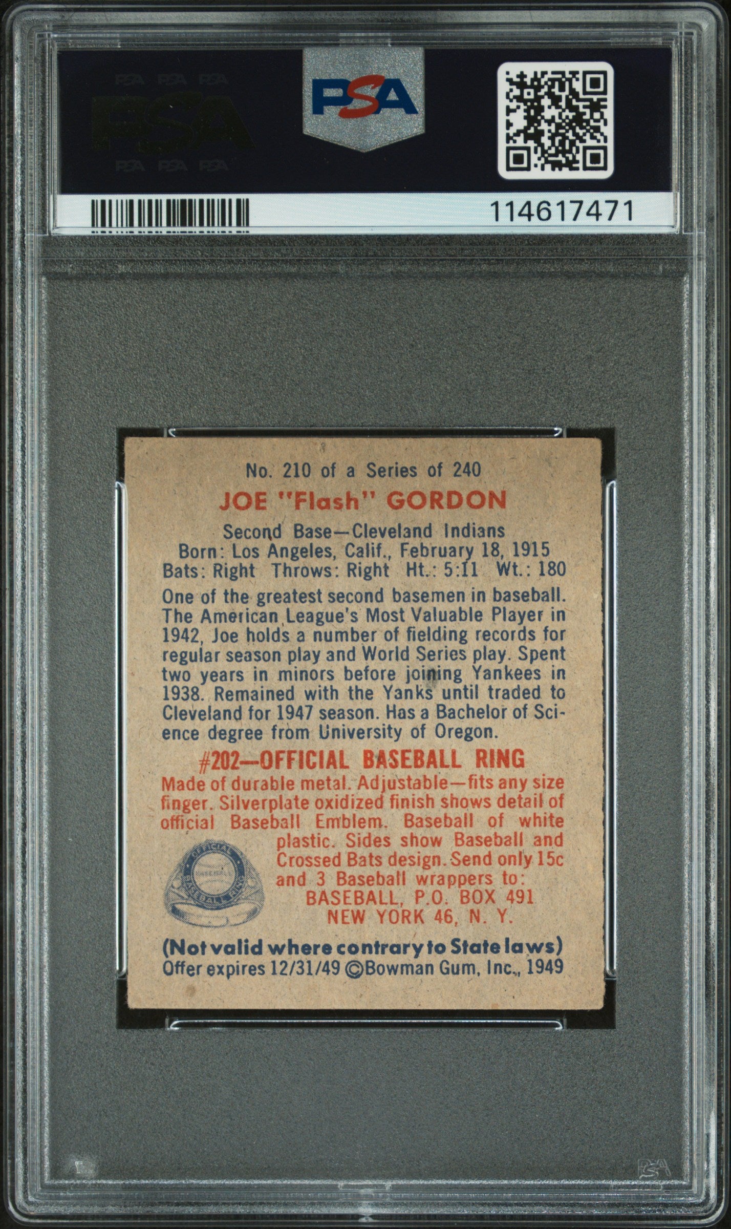 Joe Gordon 1949 Bowman #210 PSA 4 Vg-Ex