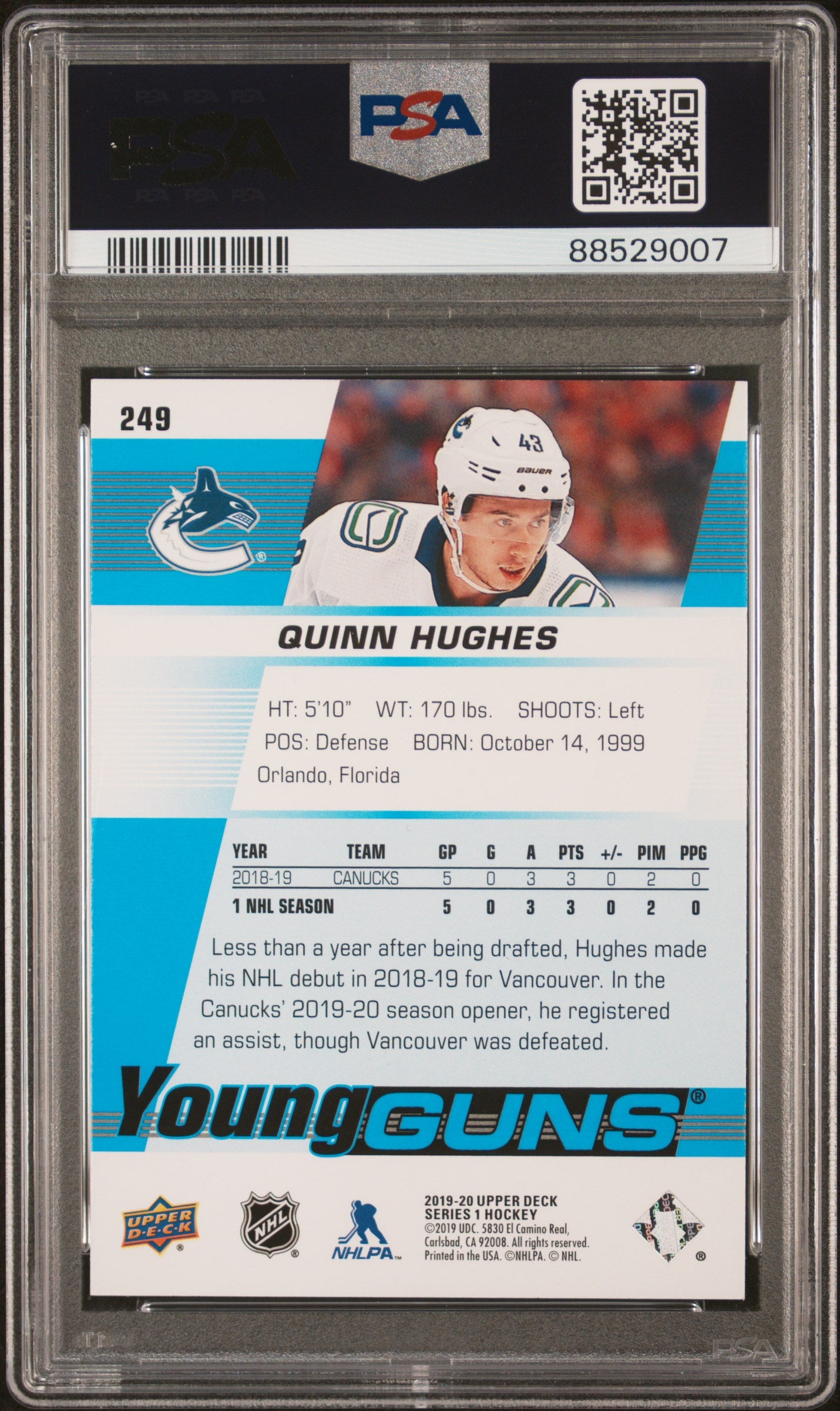 Quinn Hughes 2019 Upper Deck Rookie #249 PSA 10 Gem Mint 9007