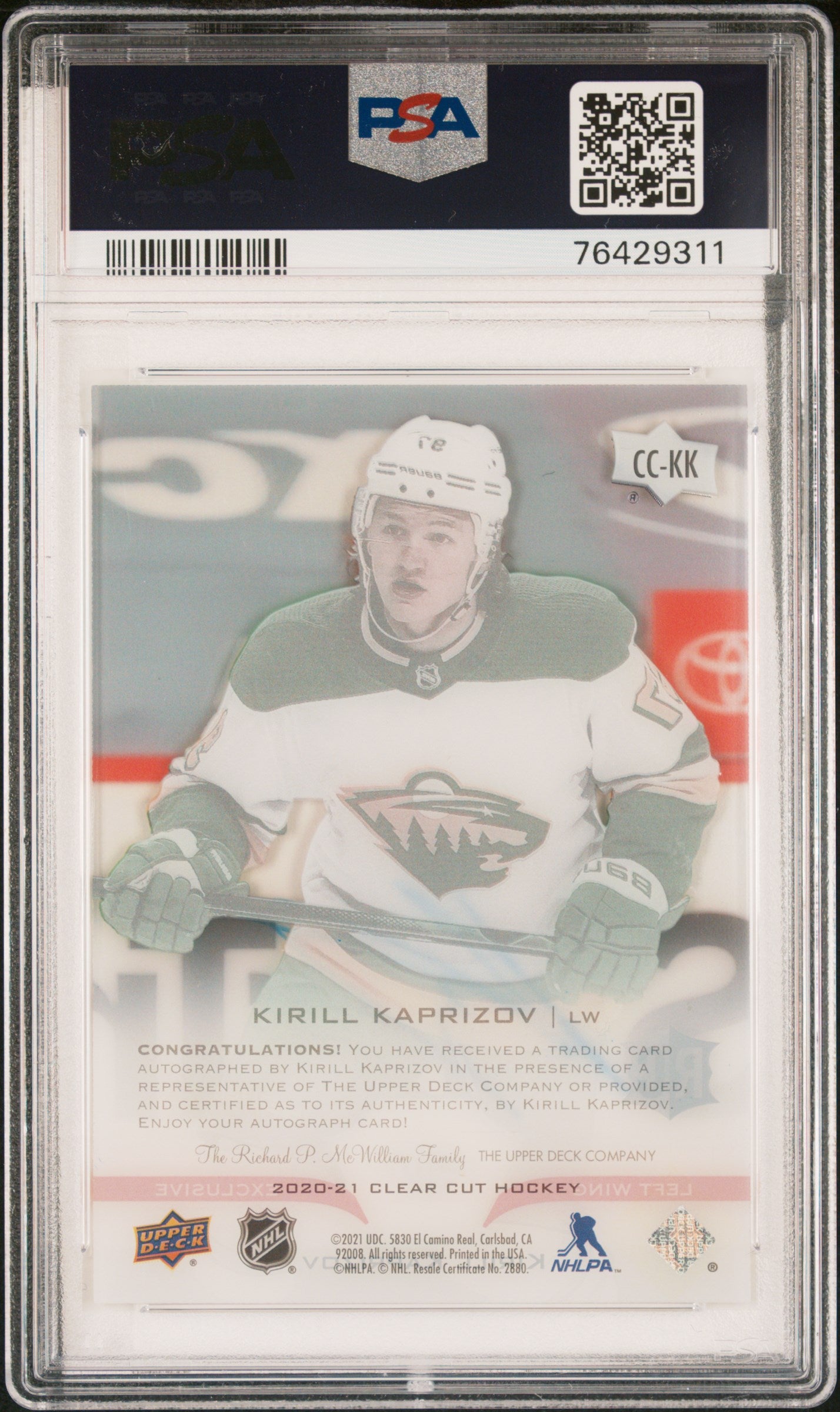 Kirill Kaprizov 2020 Upper Deck Clear Cut Exclusives Auto #61/65 PSA 10 Gem Mint