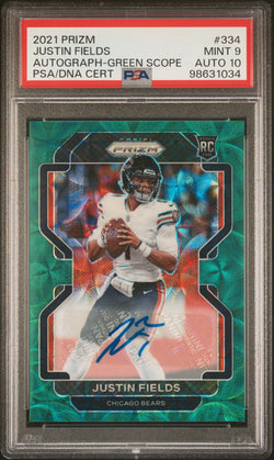 Justin Fields 2021 Panini Prizm Green Scope Auto RC #55/75 PSA 9 Auto 10