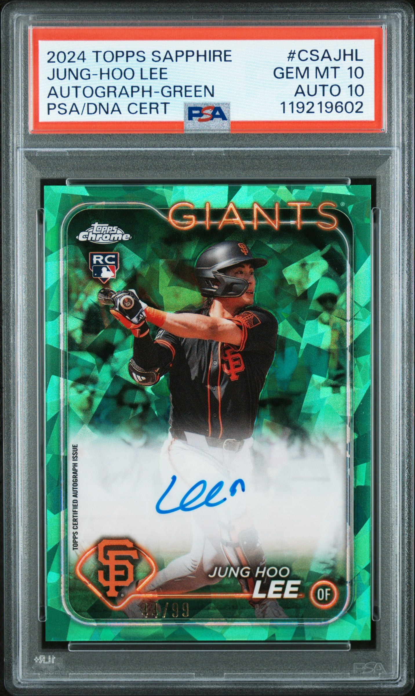 Jung-Hoo Lee 2024 Topps Sapphire Green Auto #44/99 PSA 10 Auto 10