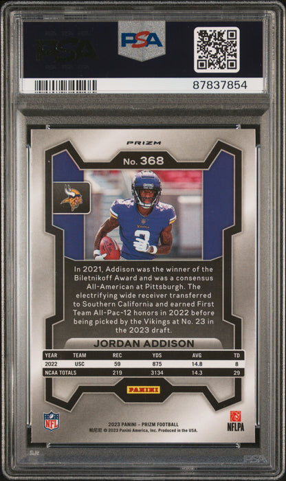 Jordan Addison 2023 Panini Prizm White Sparkle Rookie #368 PSA 10 Gem Mint 7854