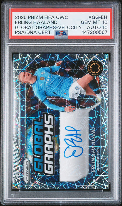 Erling Haalnd 2025 Prizm FIFA World Cup Global Graphs Velocity Auto PSA 10 Auto 10