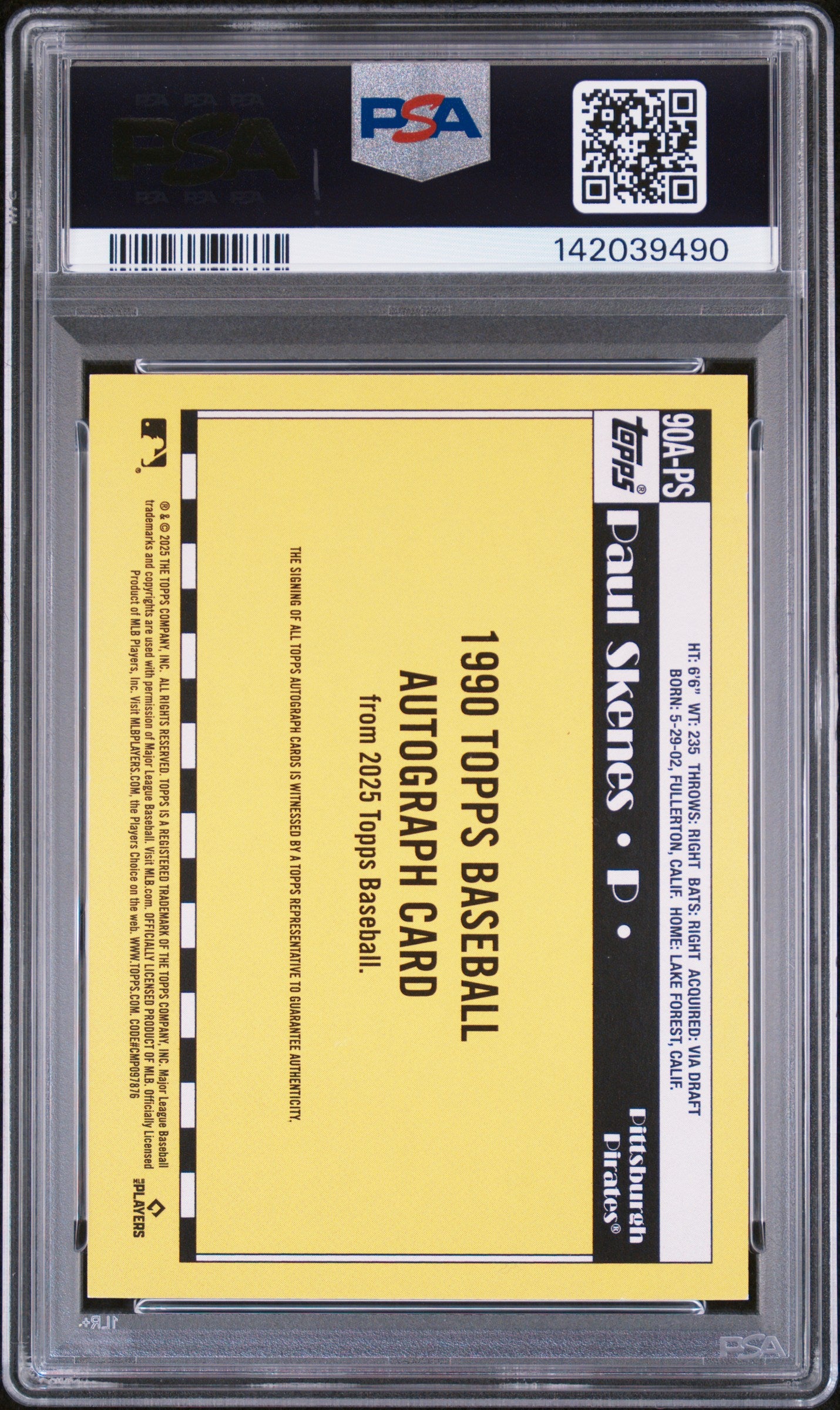Paul Skenes 2025 Topps 1990 Topps Autographs PSA 9 Mint 10 Auto