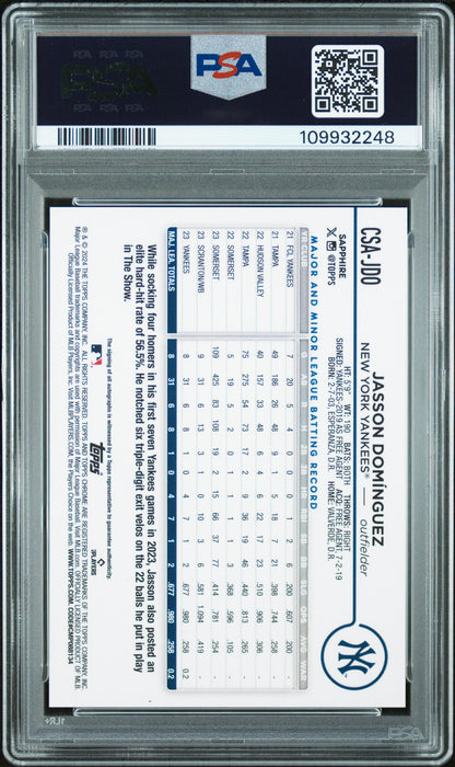 Jasson Dominguez 2024 Topps Chrome Sapphire Green Auto #42/99 PSA 10 Gem Mint