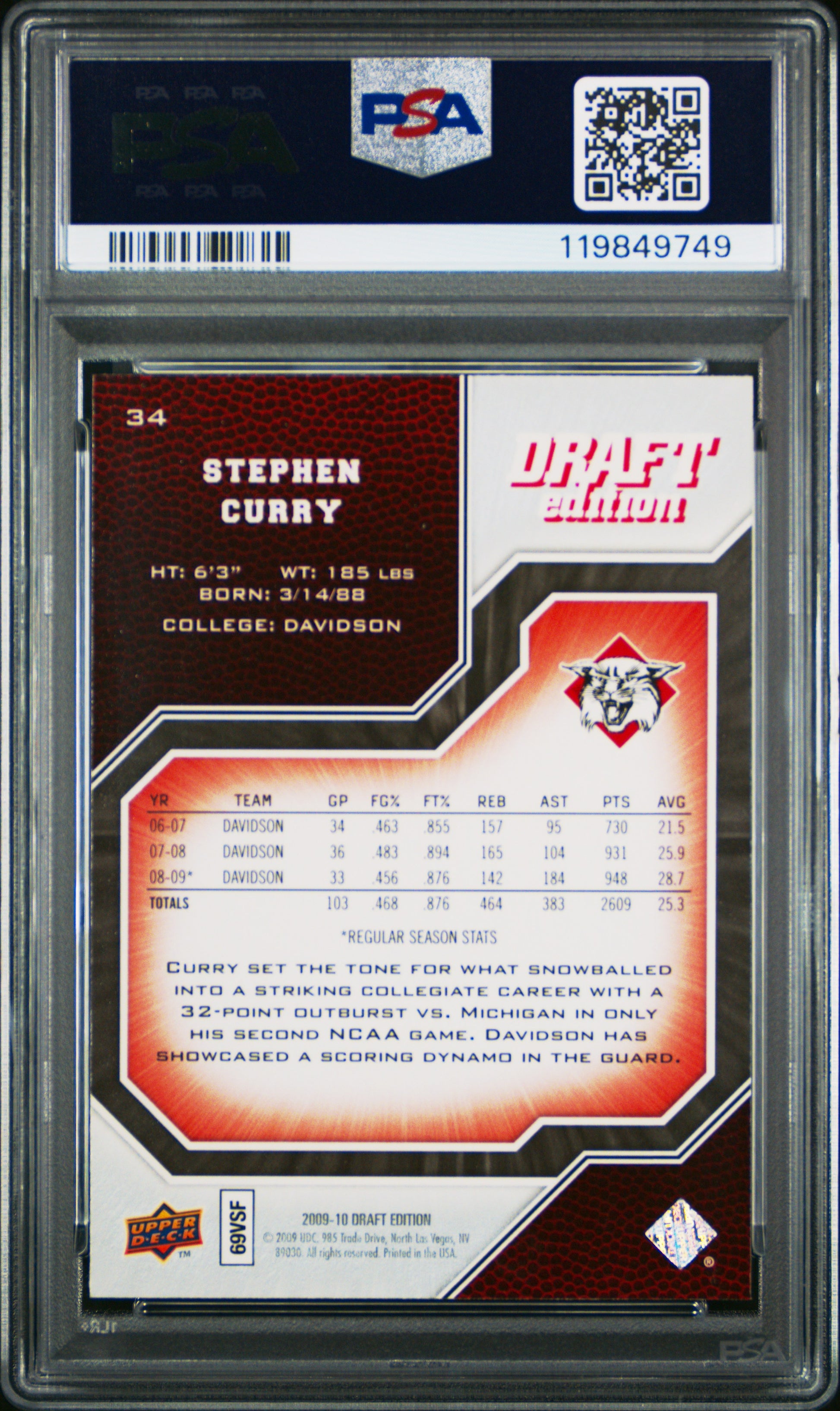 Steph Curry 2009 Upper Deck Draft Edition Rookie #34 PSA 10 Gem Mint