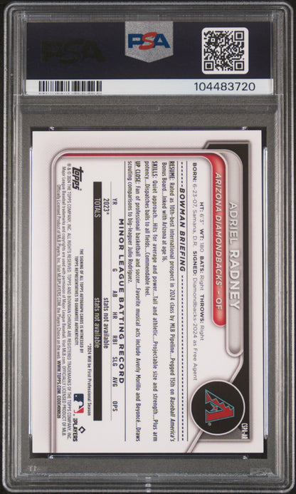 Adriel Radney 2024 Bowman Chrome Sapphire Padparadscha 1/1 PSA 9 Auto 10