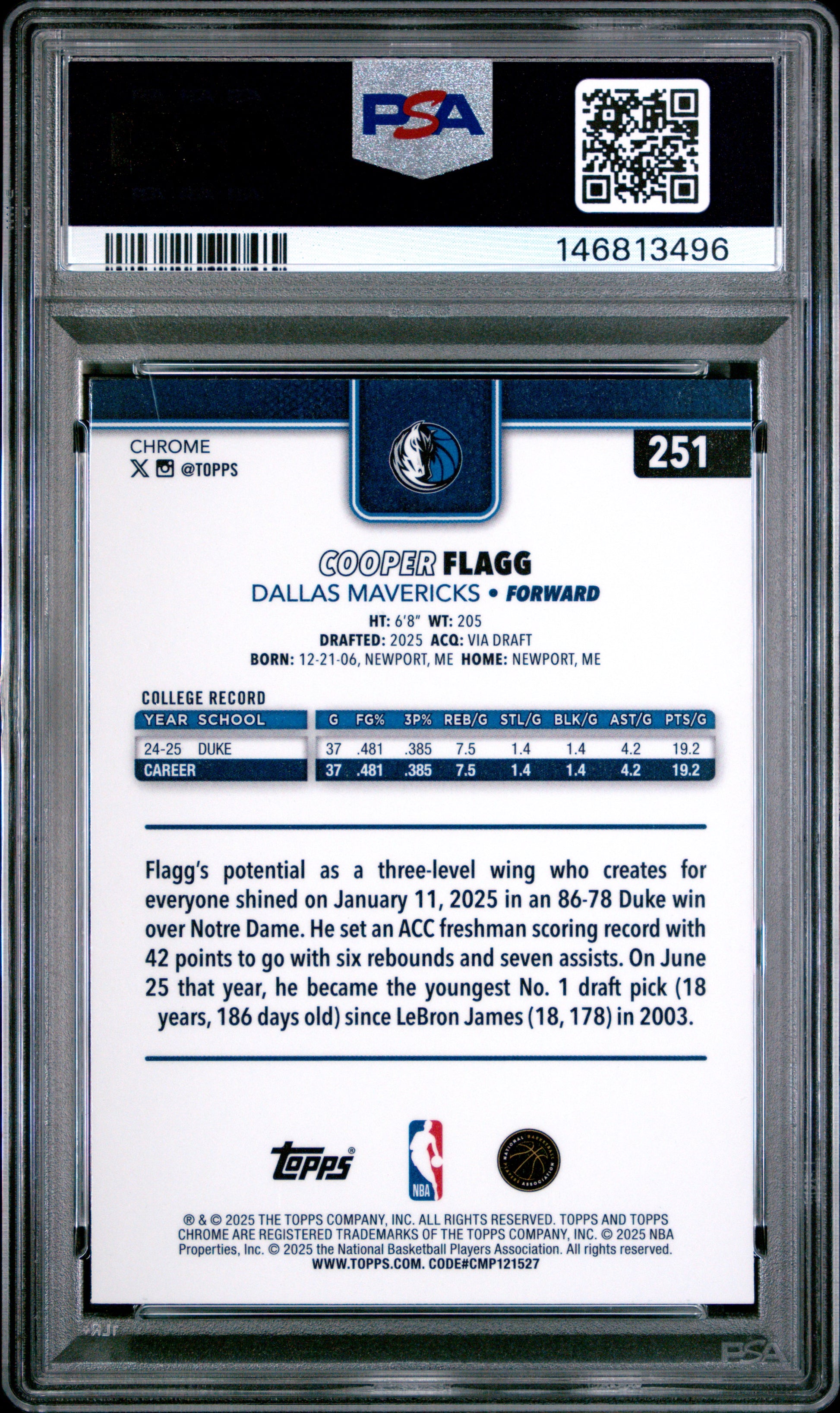 Cooper Flagg 2025 Topps Chrome X-Fractor Rookie #251 PSA 9 Mint 3496