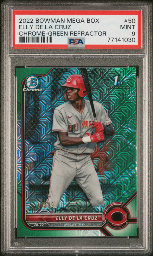 Elly de la Cruz 2022 Bowman Chrome Mega Box Green Refractor #90/99 PSA 9 Mint