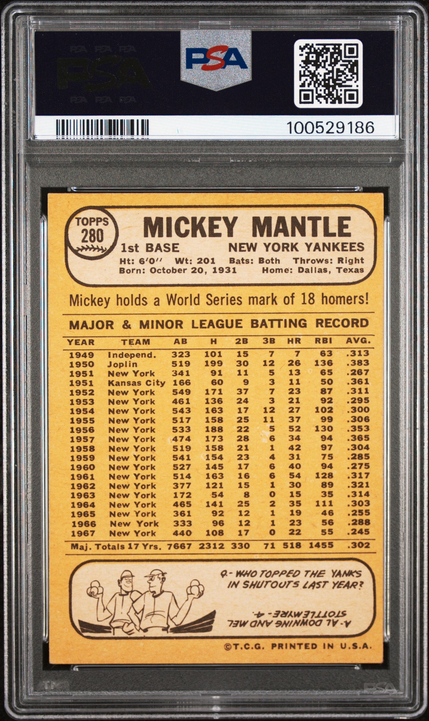Mickey Mantle 1968 Topps #280 PSA 5 EX 9186