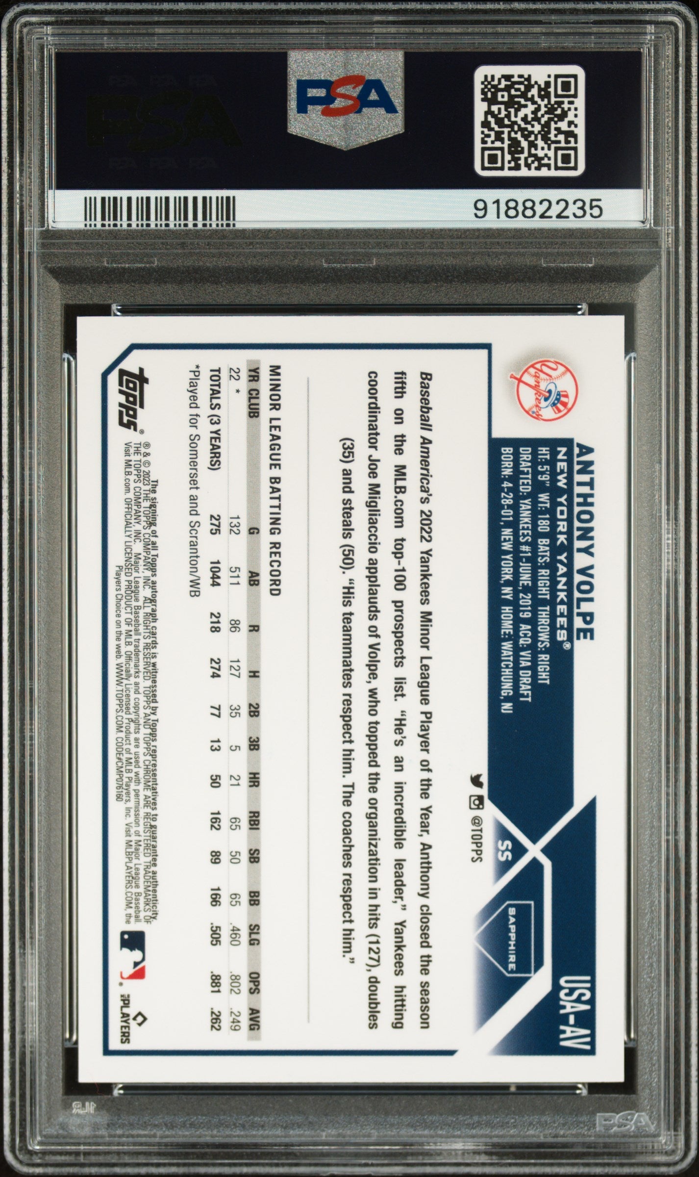 Anthony Volpe 2023 Topps Chrome Update Sapphire Green Auto #99/99 PSA 10 Auto 10