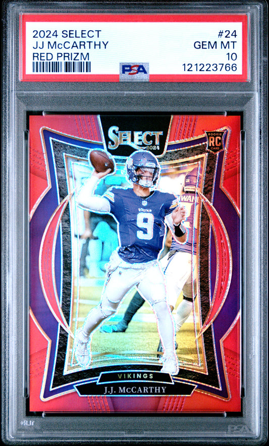 JJ McCarthy 2024 Panini Select Rookie #24 Red Prizm #76/99 PSA 10 Gem Mint
