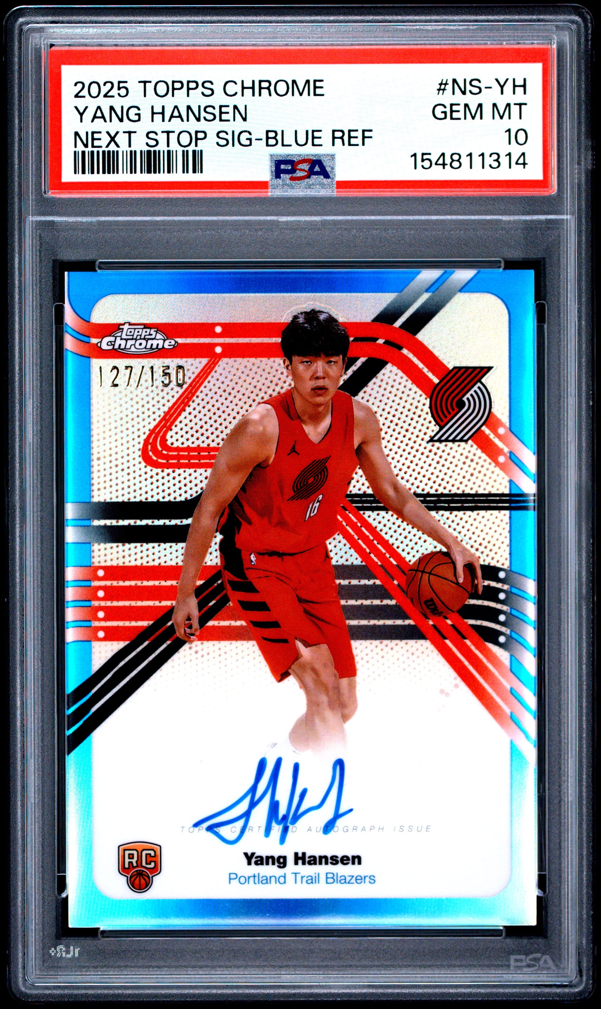 Yang Hansen 2025 Topps Chrome Next Stop Blue Autograph #127/150 PSA 10 Gem Mint