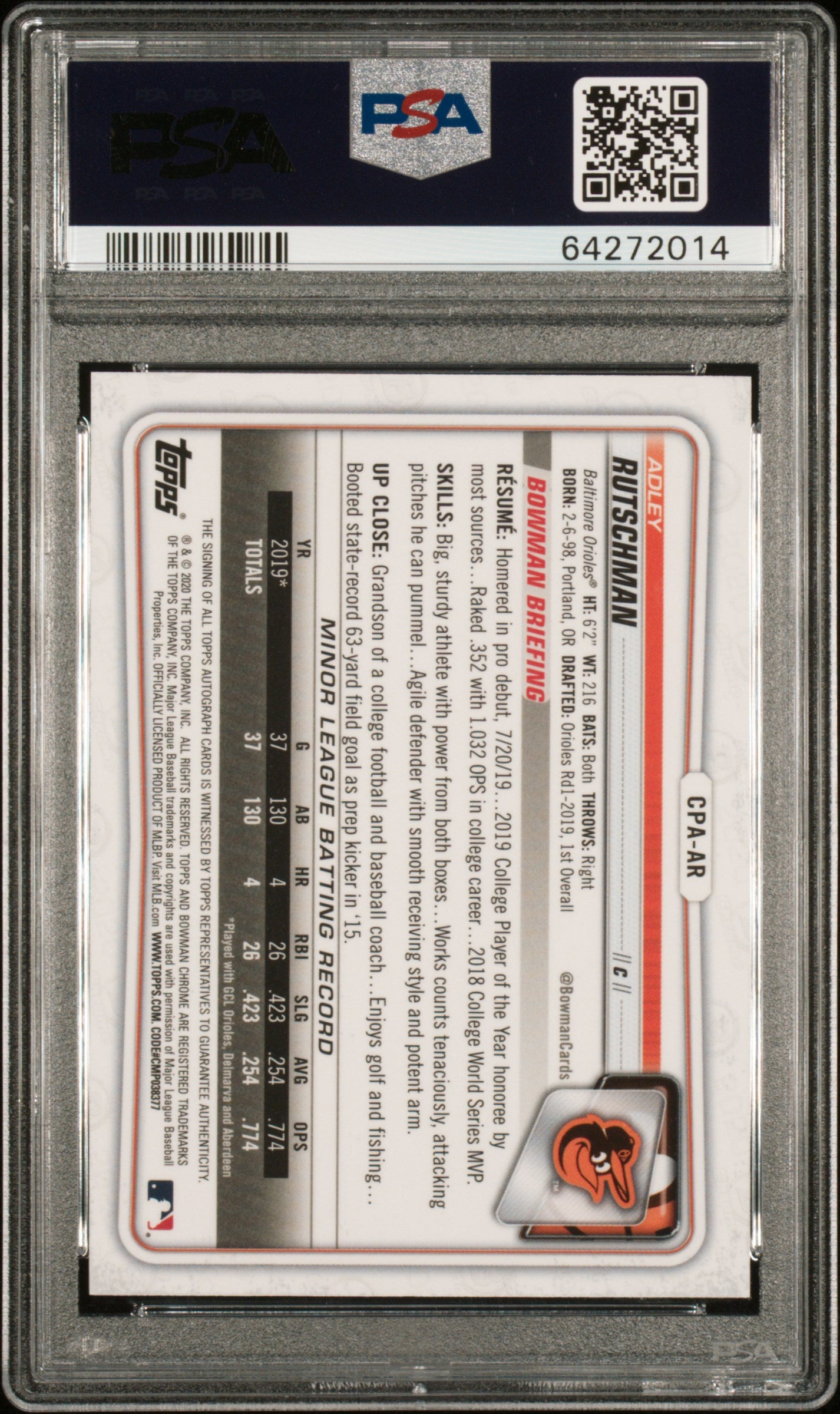 Adley Rutschman 2020 Bowman Chrome Auto PSA 9 Auto 10