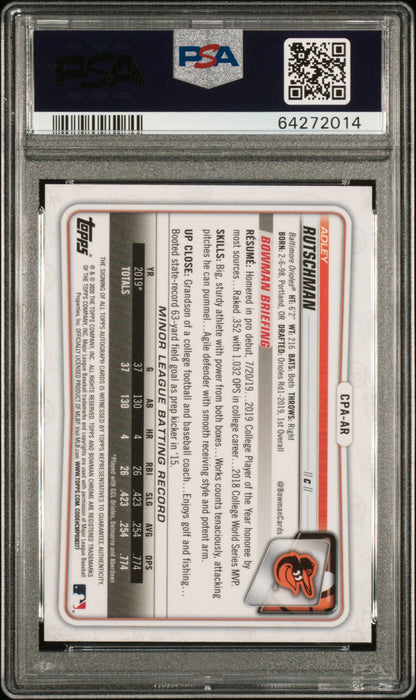 Adley Rutschman 2020 Bowman Chrome Auto PSA 9 Auto 10