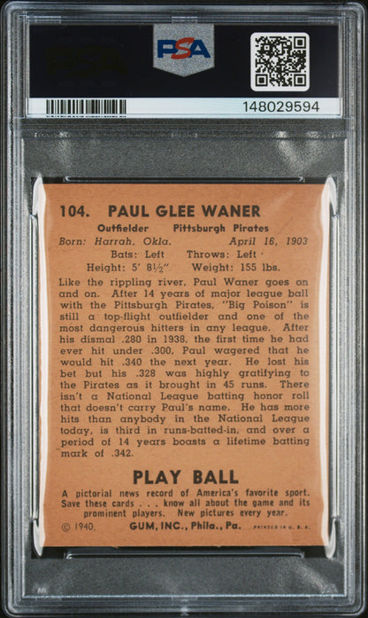 Big Poison Waner 1940 Play Ball #104 PSA 4 VG-EX