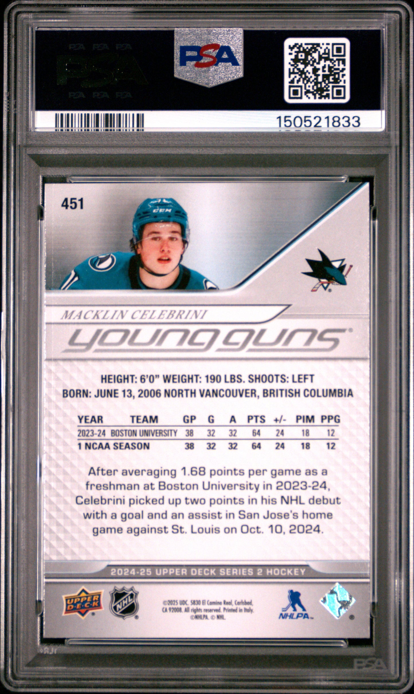 Macklin Celebrini 2024 Upper Deck Rookie #451 PSA 10 Gem Mint 1833