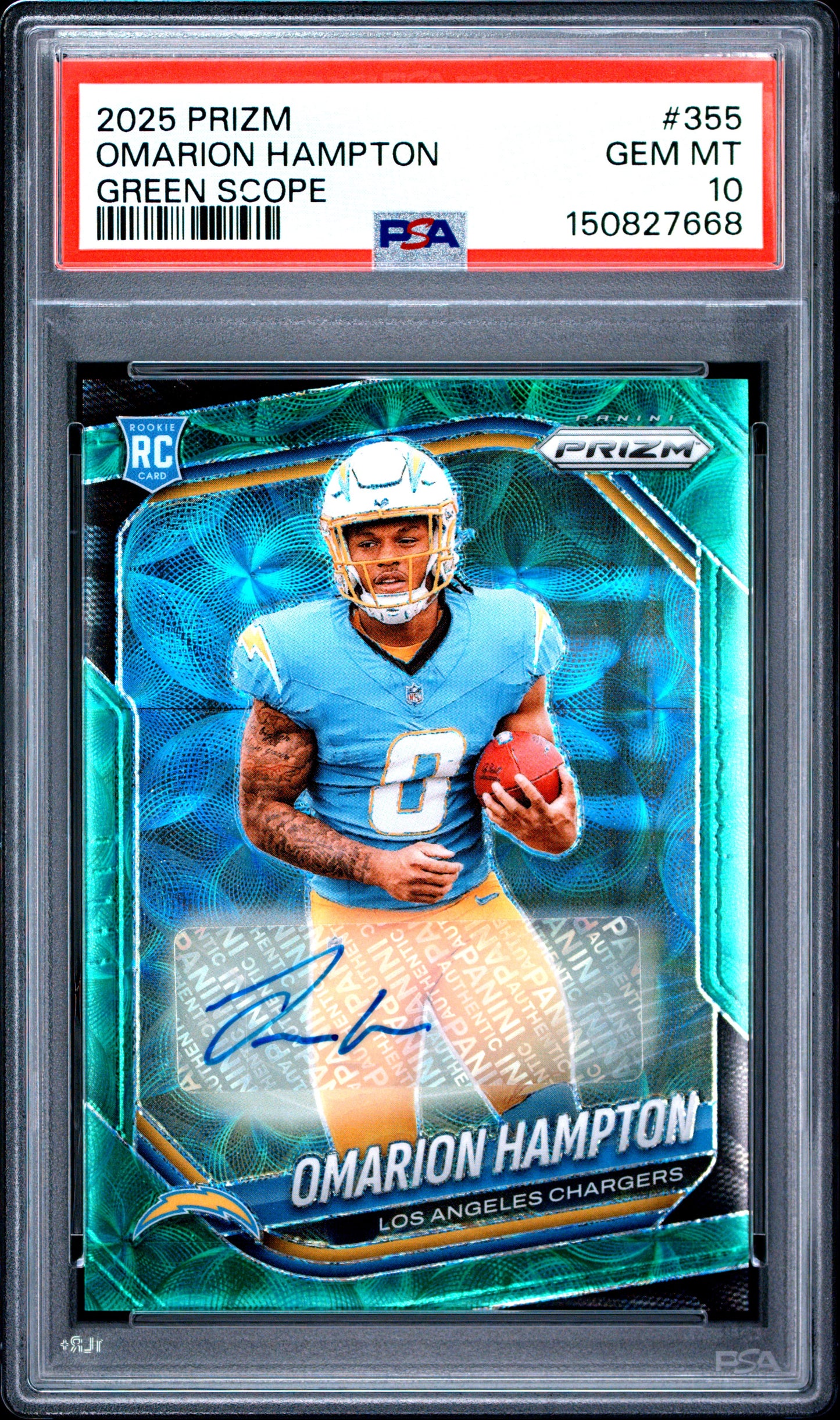 Omarion Hampton 2025 Panini Prizm Green Scope Rookie Auto #37/75 PSA 10 Gem Mint