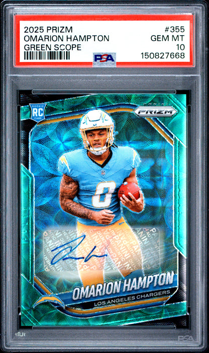 Omarion Hampton 2025 Panini Prizm Green Scope Rookie Auto #37/75 PSA 10 Gem Mint
