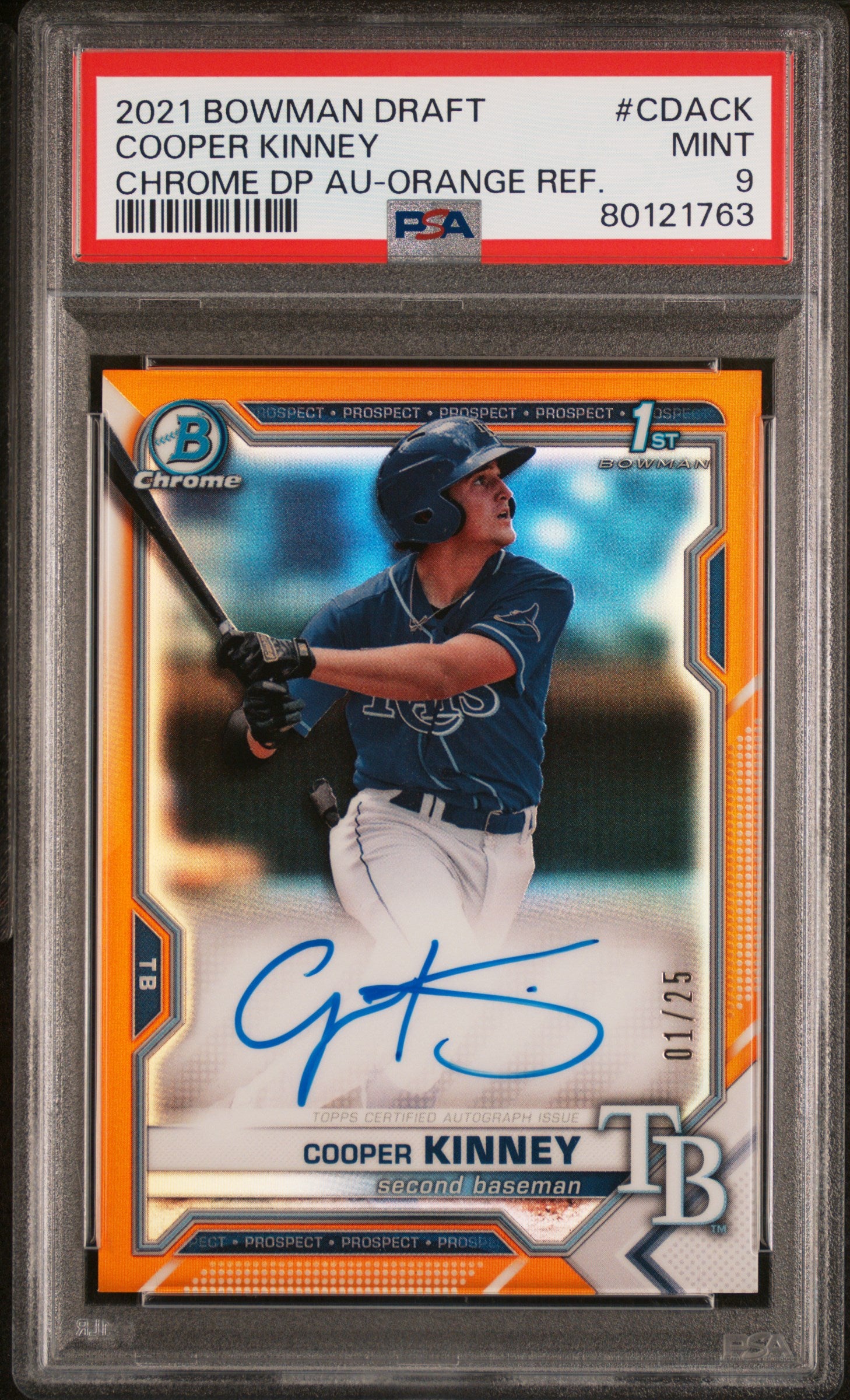 Cooper Kinney 2021 Bowman Chrome Draft Orange Refractor Auto #1/25 PSA 9 Mint