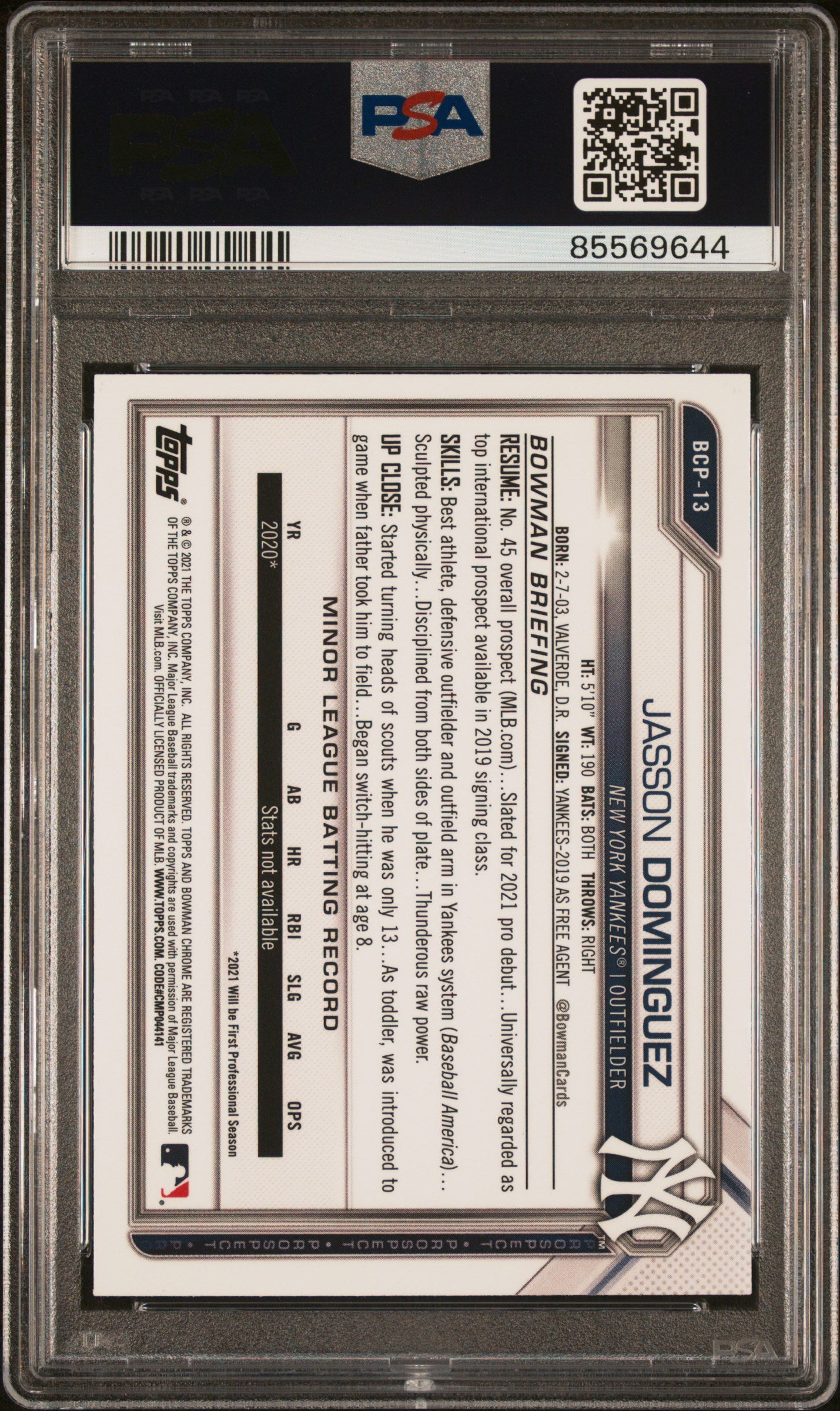 Jasson Dominguez 2021 Bowman Chrome Atomic Refractor PSA 10 Gem Mint