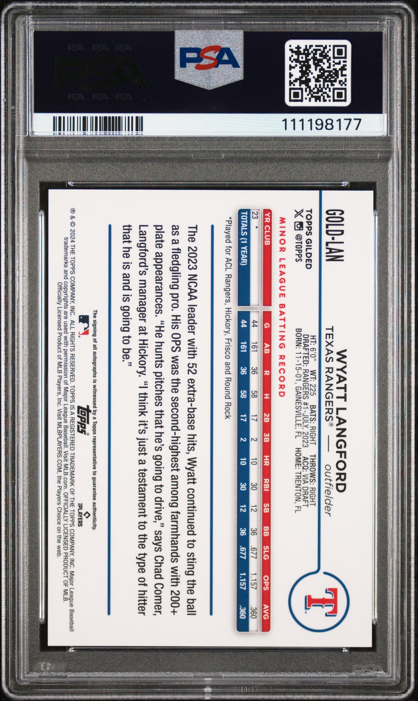 Wyatt Langford 2024 Topps Gilded Collection Gold Auto #49/199 PSA 9 Auto 10