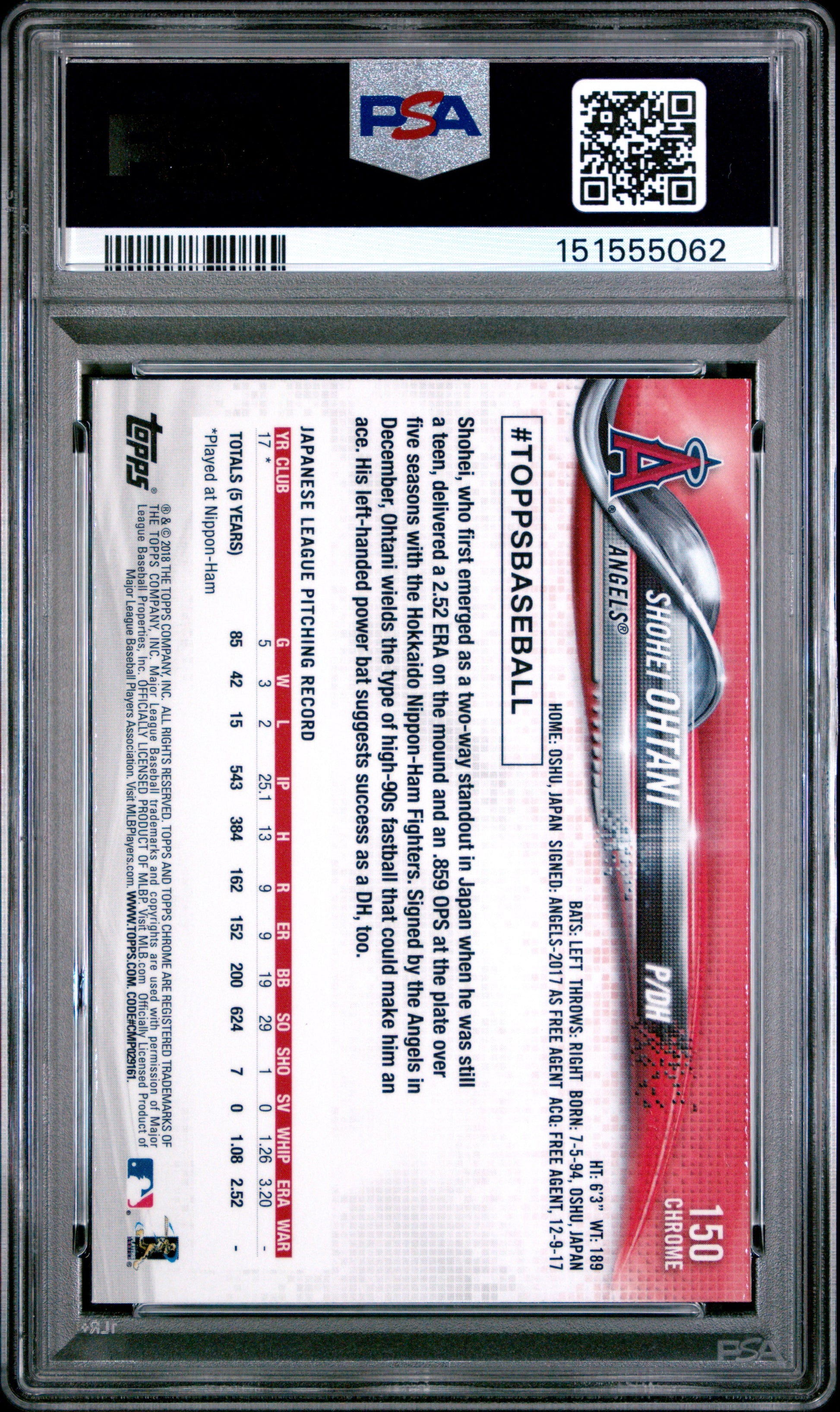 Shohei Ohtani 2018 Topps Chrome Rookie #150 PSA 10 Gem Mint 5062