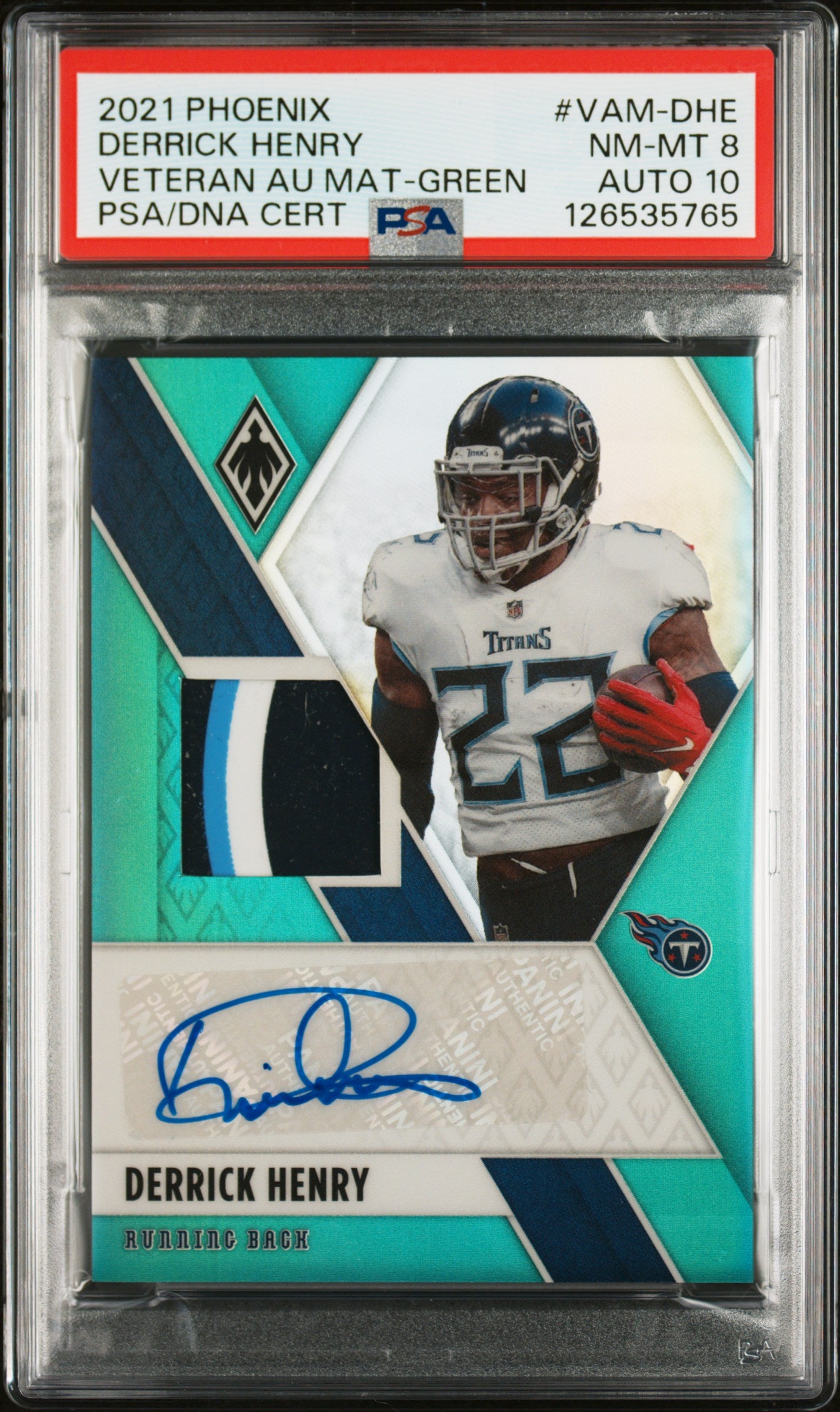 Derrick Henry 2021 Panini Phoenix Green Patch Autograph #9/10 PSA 8 Auto 10