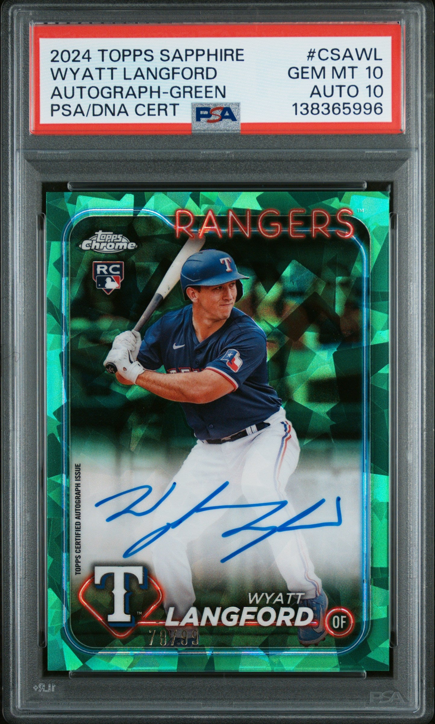 Wyatt Langford 2024 Topps Sapphire Green Rookie Auto #78/99 PSA 10 Auto 10